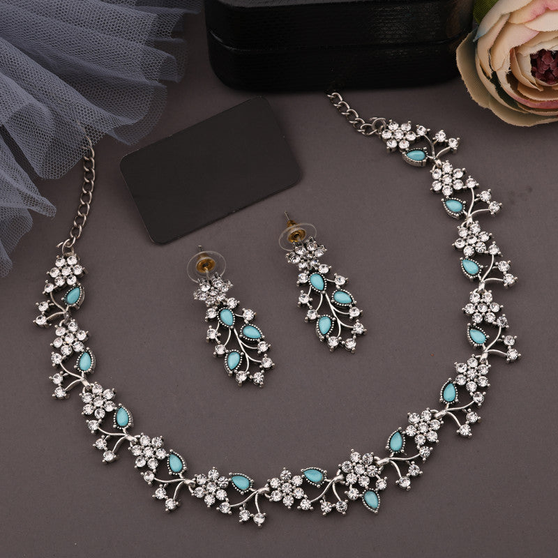 Tehzeeb Creations Silver Pleated White Diamond With Sky Blue Beads Necklace Set - Swadesiicart