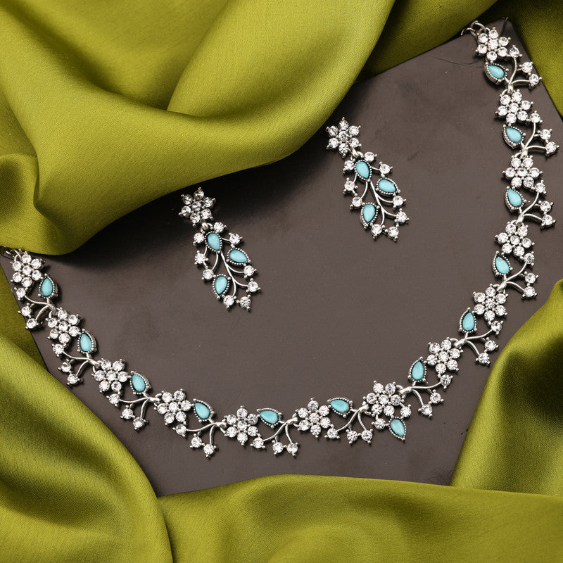 Tehzeeb Creations Silver Pleated White Diamond With Sky Blue Beads Necklace Set - Swadesiicart