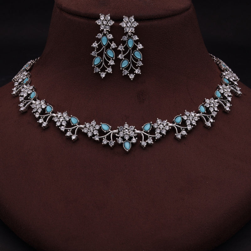 Tehzeeb Creations Silver Pleated White Diamond With Sky Blue Beads Necklace Set - Swadesiicart