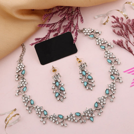 Tehzeeb Creations Silver Pleated White Diamond With Sky Blue Beads Necklace Set - Swadesiicart