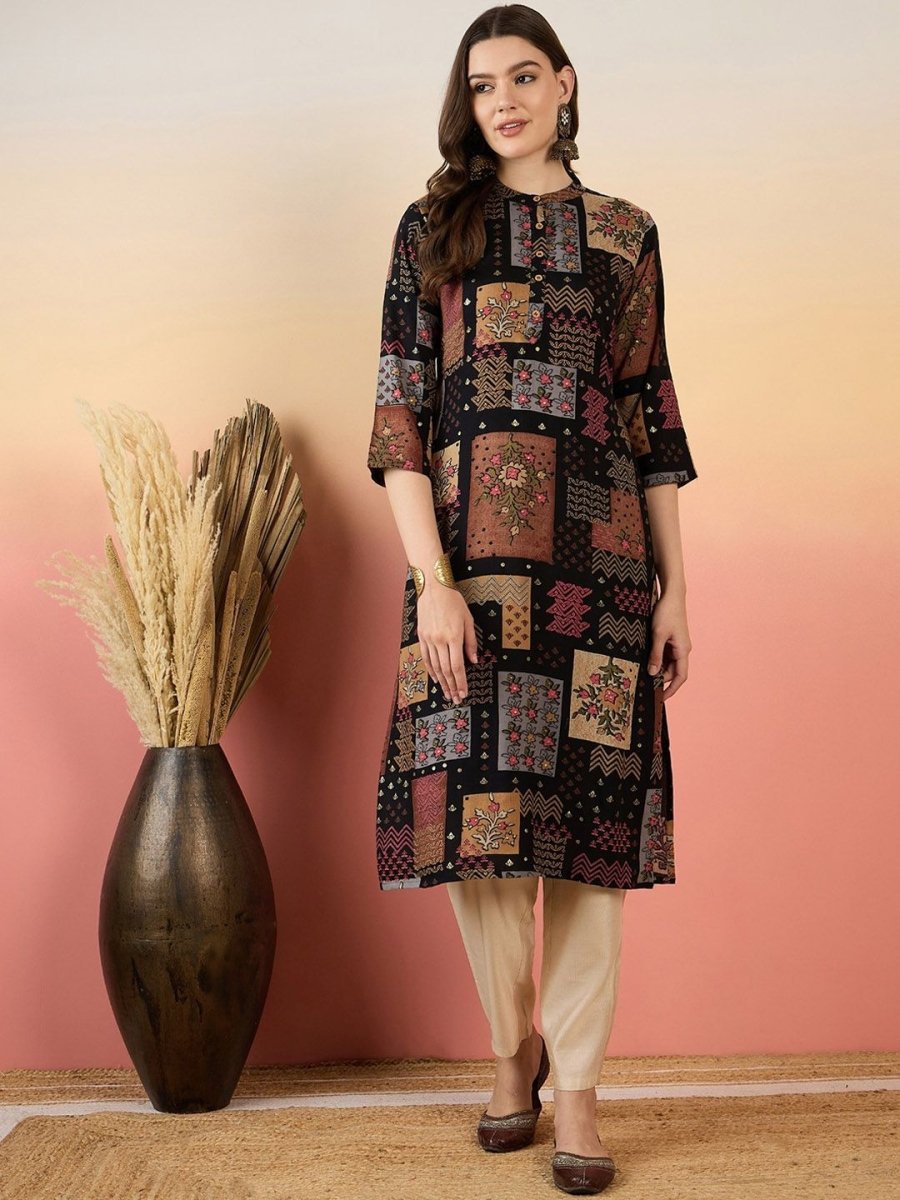 Anouk Ethnic Motifs Printed Beads And Stones Mandarin Collar A-Line Kurta - Swadesiicart