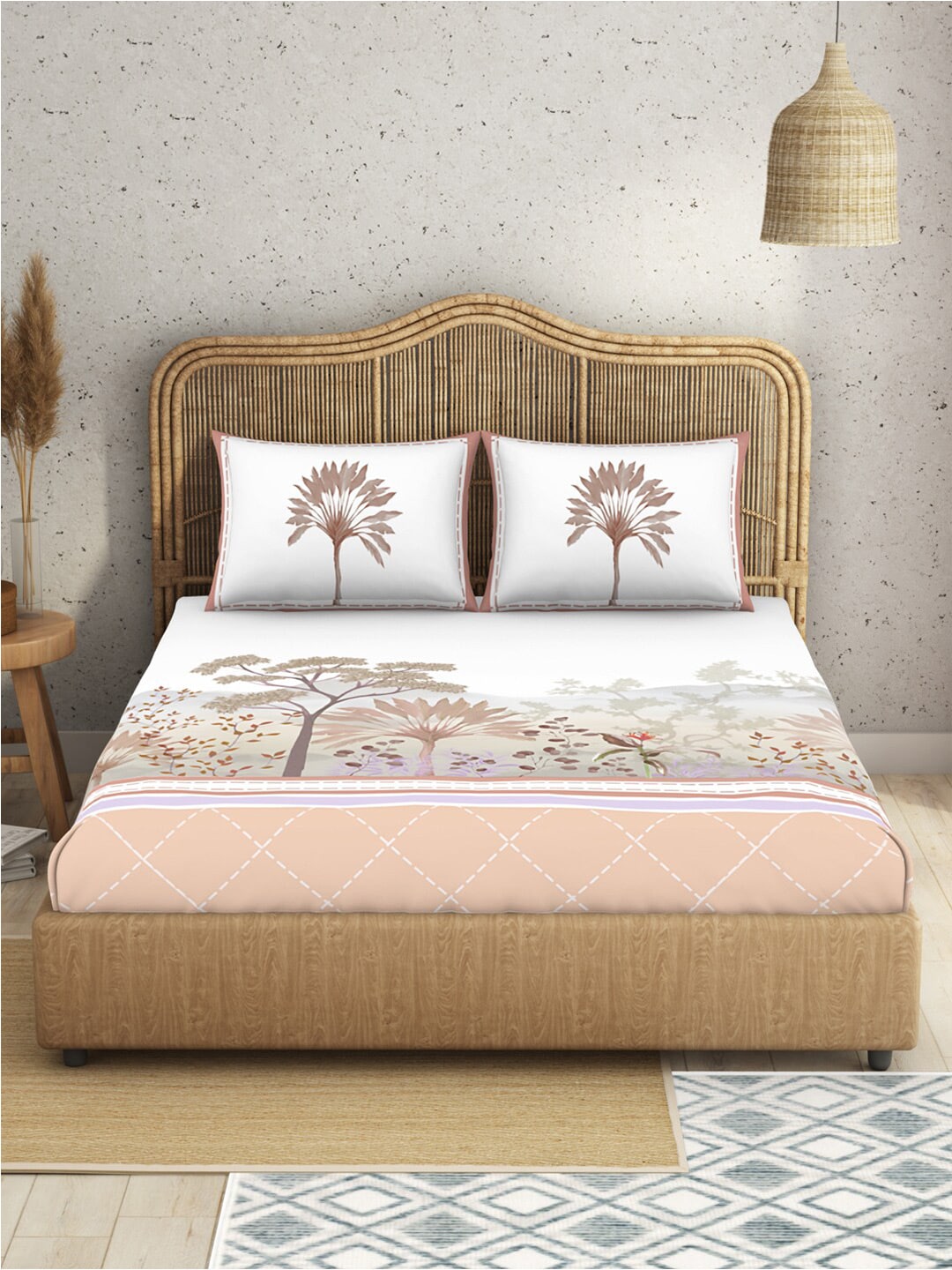 SPACES Kalakari Haath White Ethnic Motifs Cotton 210 TC King Bedsheet & 2 Pillow Covers - Swadesiicart