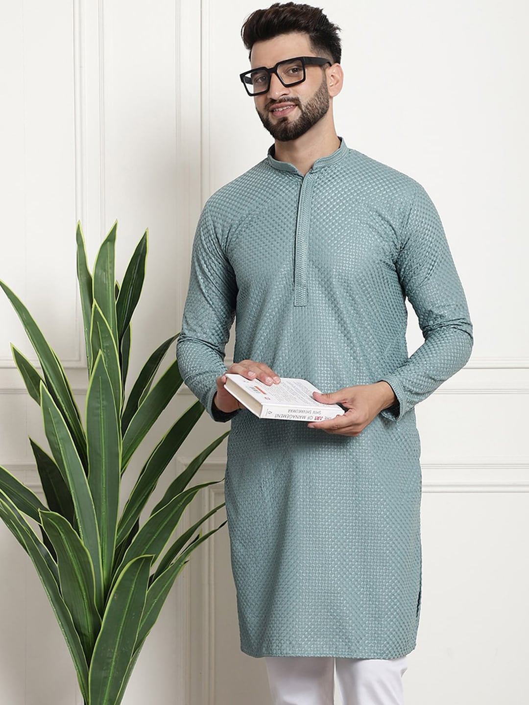 Sojanya Woven Design Mandarin Collar Straight Cotton Kurta | Swadesiicart