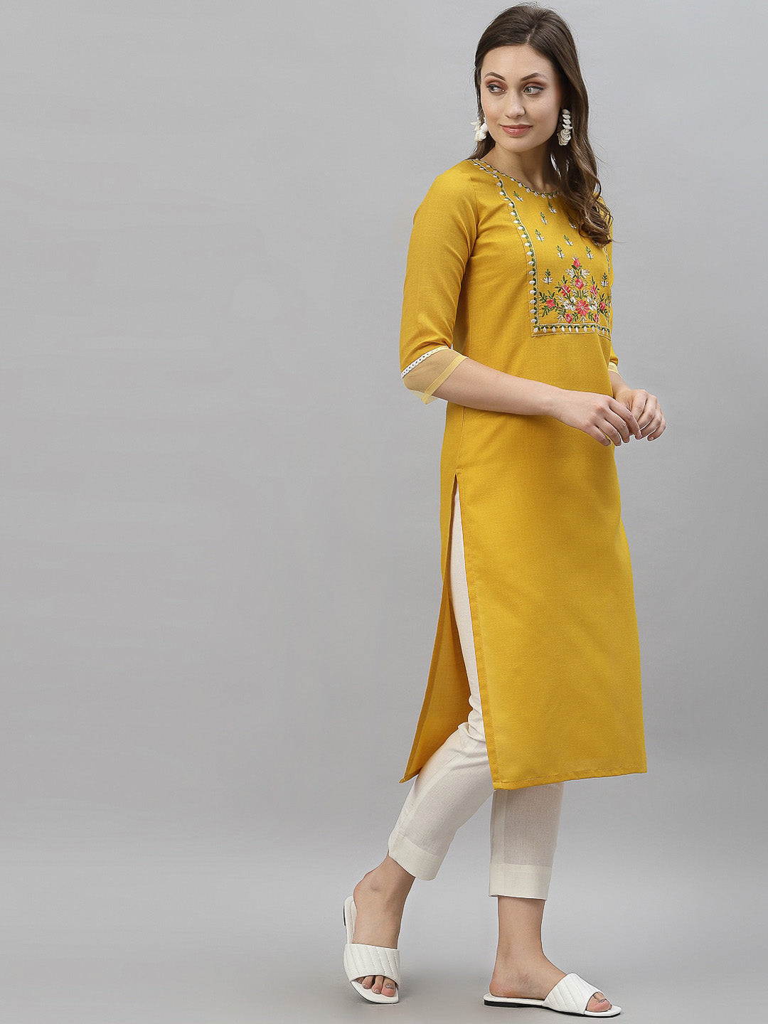 Kalini Women Yellow Floral Embroidered Thread Work Kurta | Swadesiicart