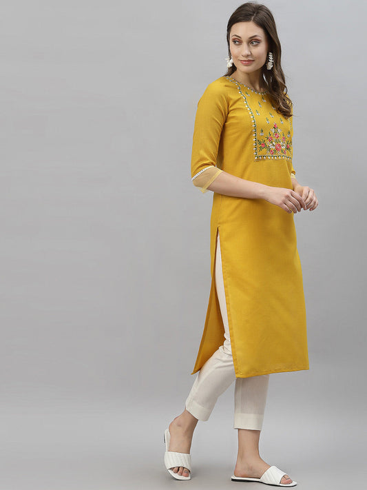 Kalini Women Yellow Floral Embroidered Thread Work Kurta | Swadesiicart