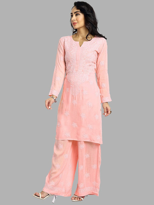 ADA Floral Embroidered Long Sleeves Regular Lucknowi Chikankari Kurta With Palazzos | Swadesiicart
