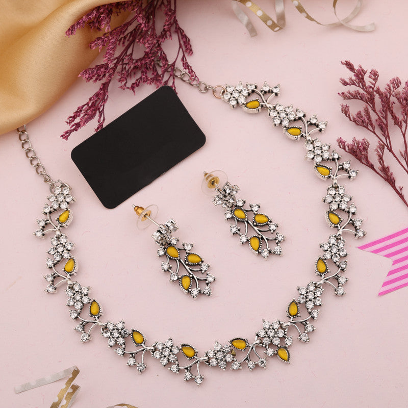 Tehzeeb Creations Silver Pleated White Diamond With Yellow Beads Necklace Set - Swadesiicart