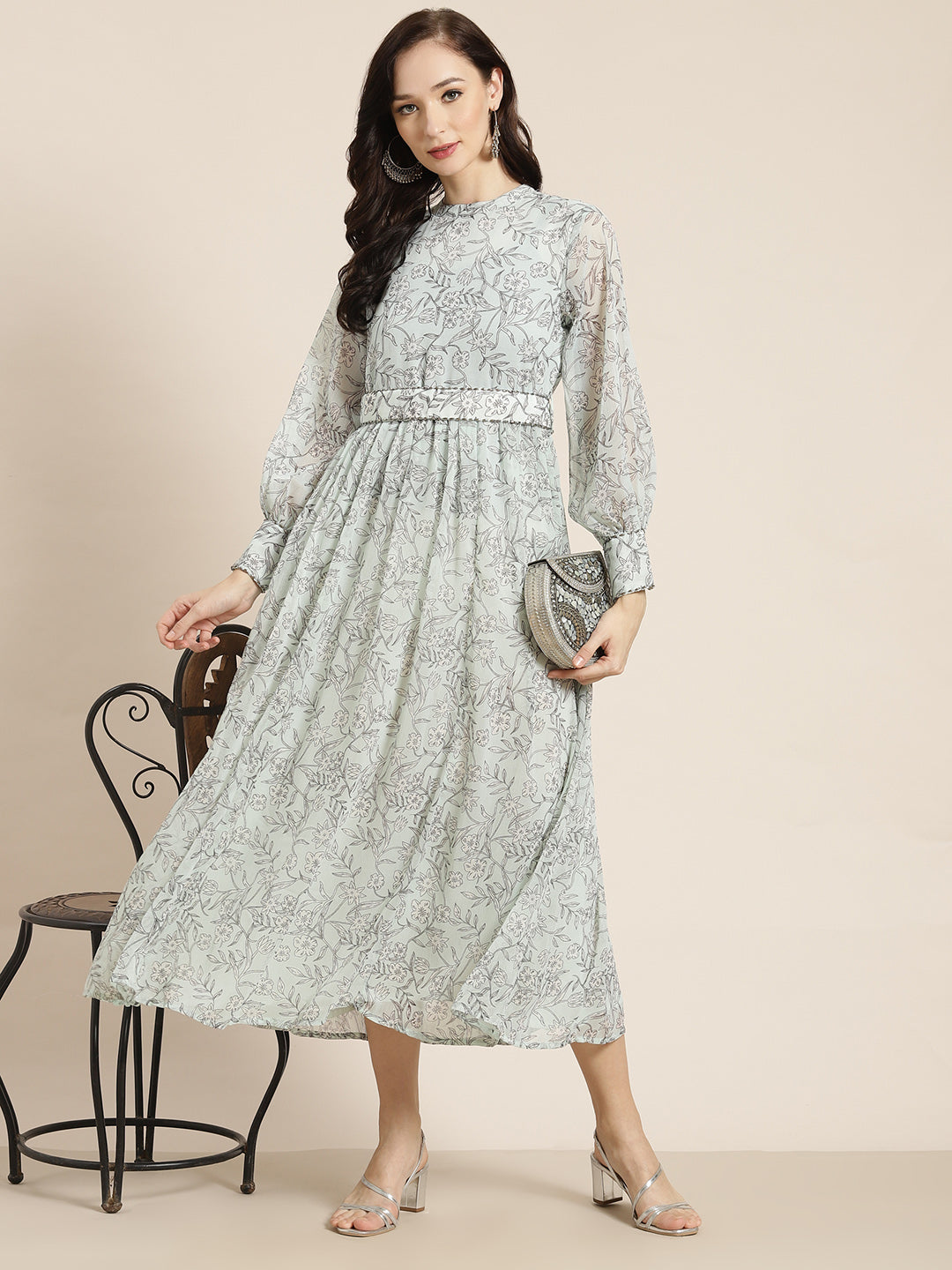 Juniper Womens Sagegreen Chiffon Digital Floral Printed Maxi Dress | Swadesiicart