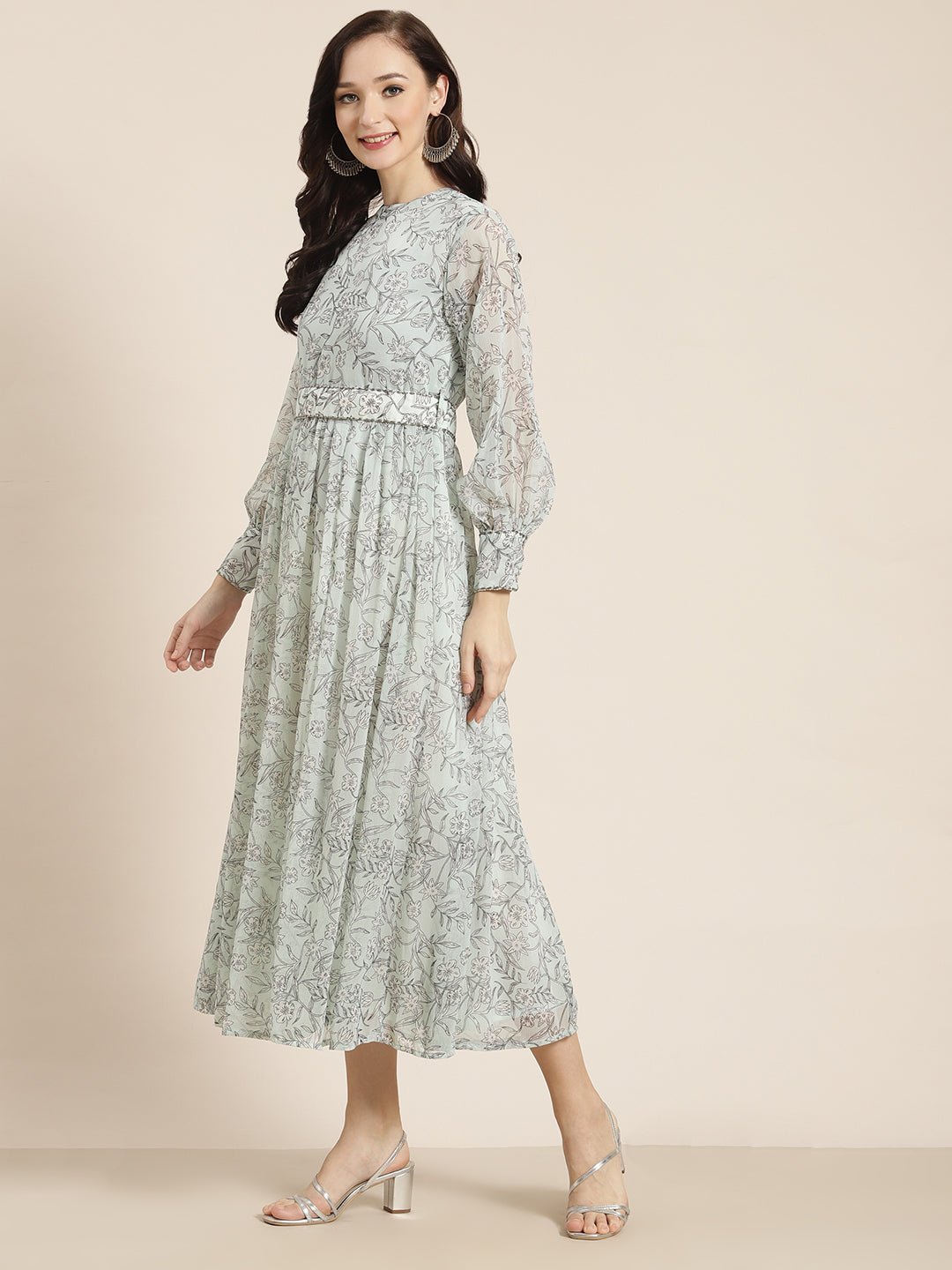 Juniper Womens Sagegreen Chiffon Digital Floral Printed Maxi Dress | Swadesiicart