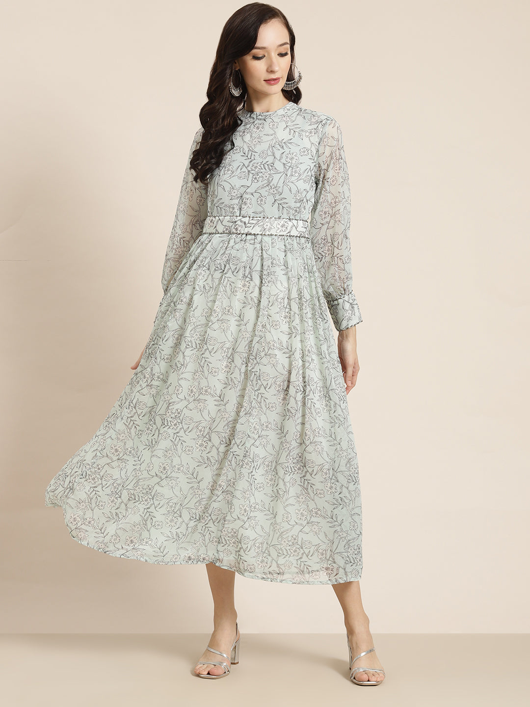Juniper Womens Sagegreen Chiffon Digital Floral Printed Maxi Dress | Swadesiicart