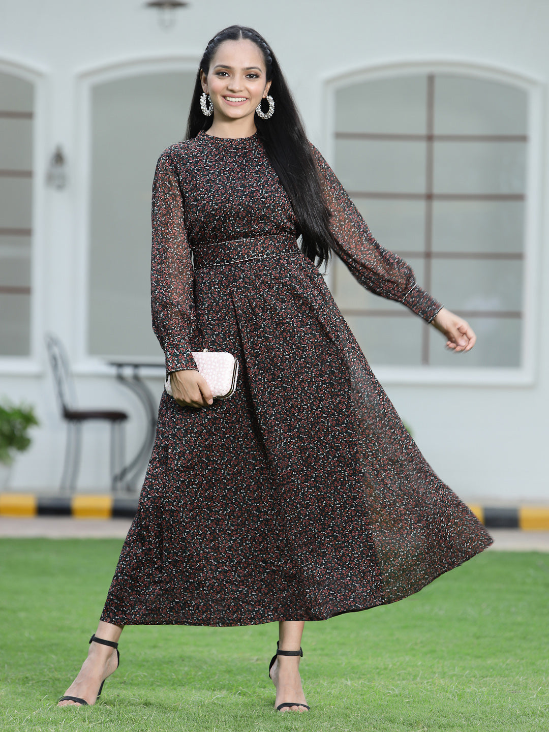Juniper Womens Black Chiffon Digital Floral Printed Maxi Dress | Swadesiicart