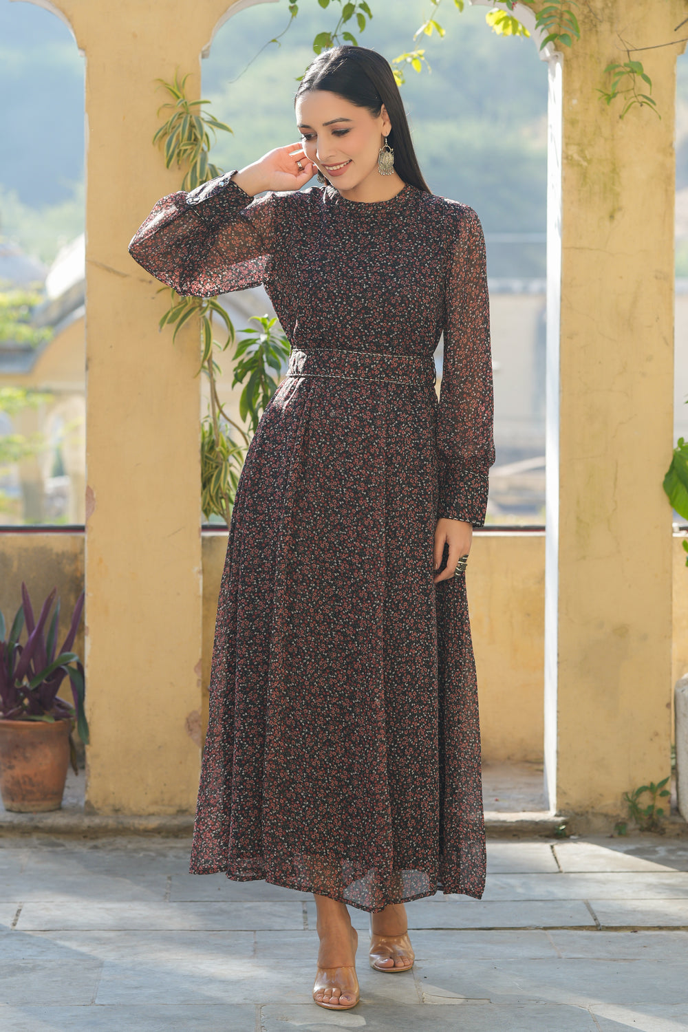 Juniper Women's Black Chiffon Printed Flared Dress | Swadesiicart