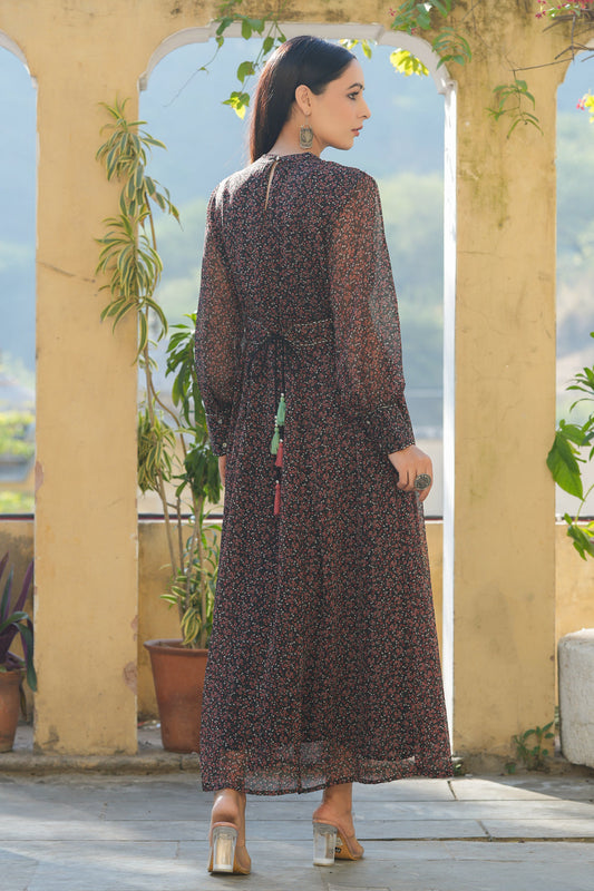 Juniper Women's Black Chiffon Printed Flared Dress | Swadesiicart
