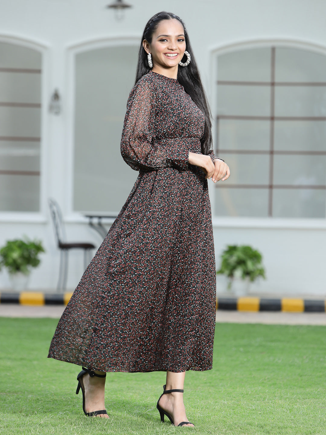 Juniper Womens Black Chiffon Digital Floral Printed Maxi Dress | Swadesiicart