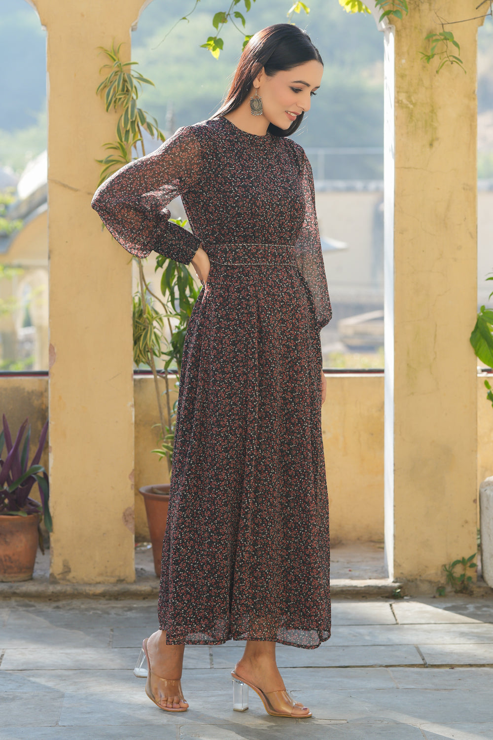 Juniper Women's Black Chiffon Printed Flared Dress | Swadesiicart