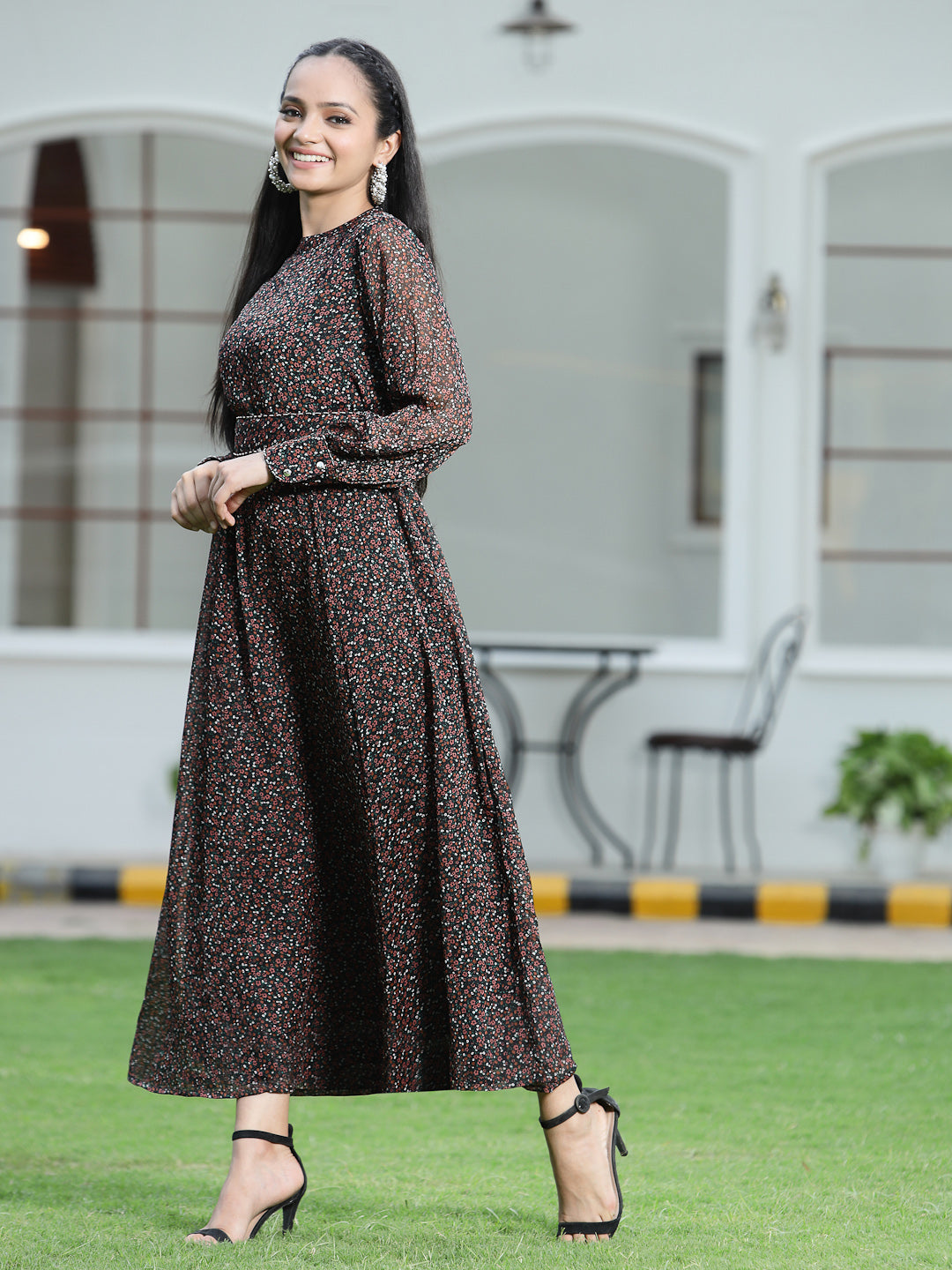 Juniper Womens Black Chiffon Digital Floral Printed Maxi Dress | Swadesiicart
