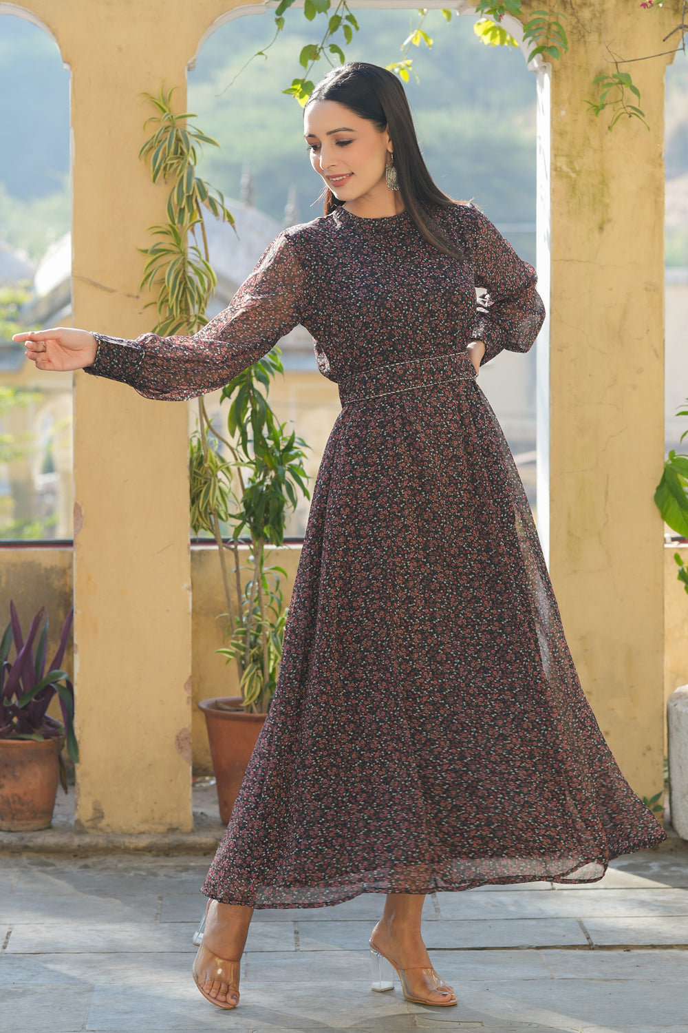 Juniper Women's Black Chiffon Printed Flared Dress | Swadesiicart