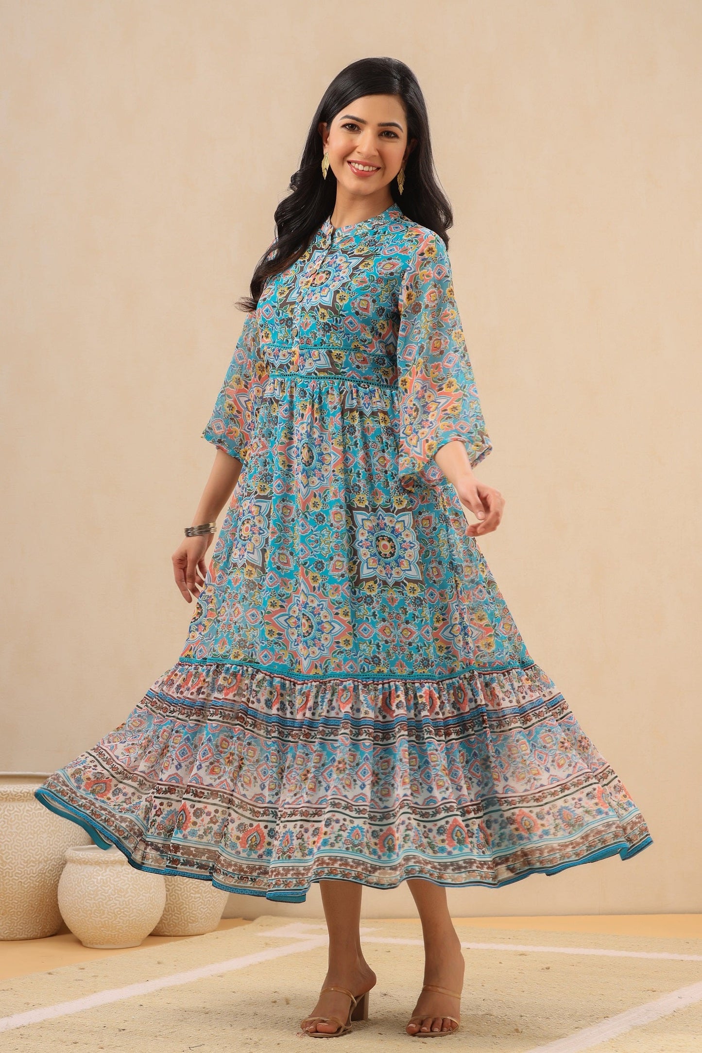 Juniper Womens Aqua Blue Chiffon Digital Printed Tiered Maxi Dress | Swadesiicart