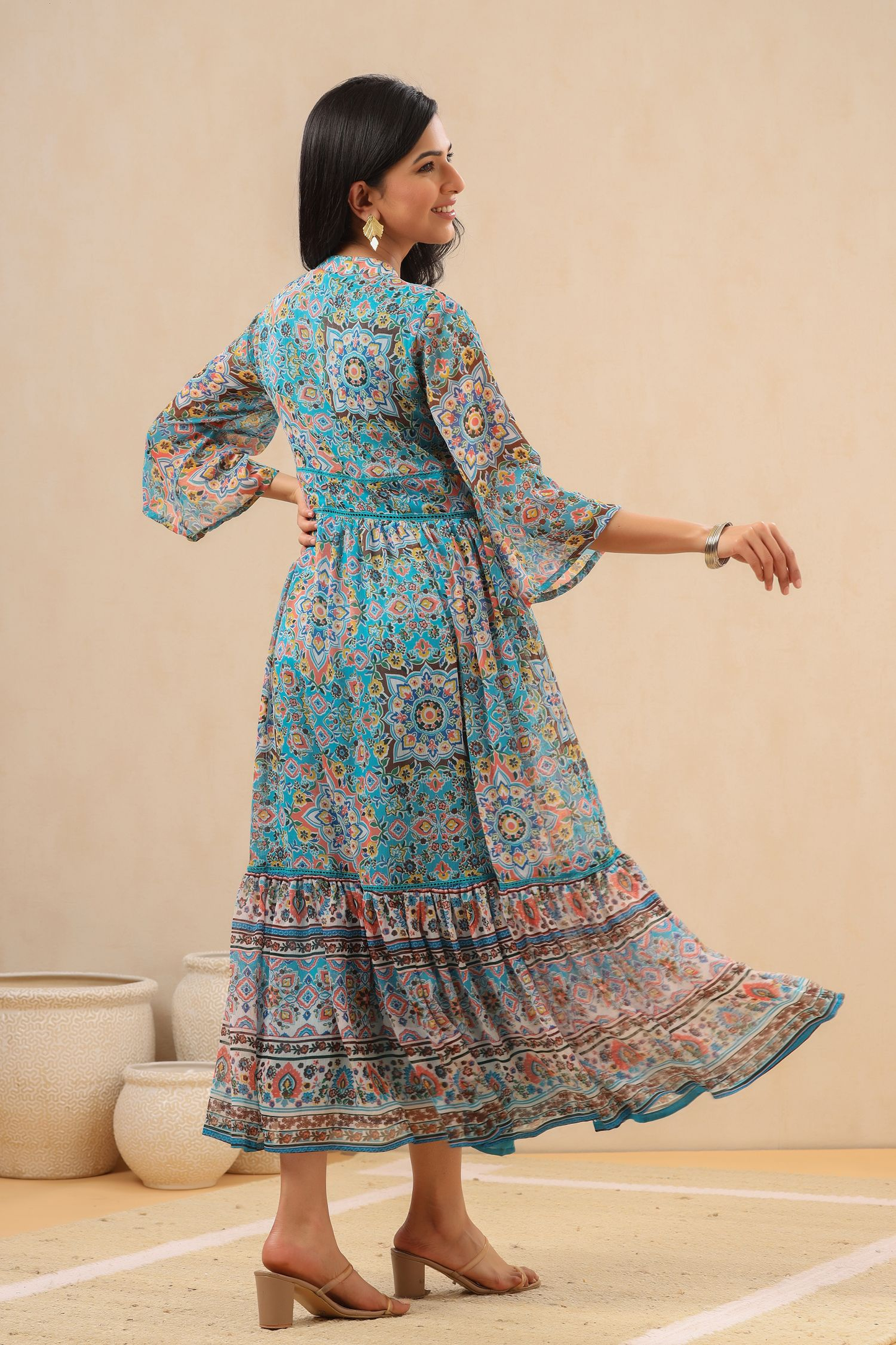 Juniper Womens Aqua Blue Chiffon Digital Printed Tiered Maxi Dress | Swadesiicart