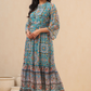 Juniper Womens Aqua Blue Chiffon Digital Printed Tiered Maxi Dress | Swadesiicart