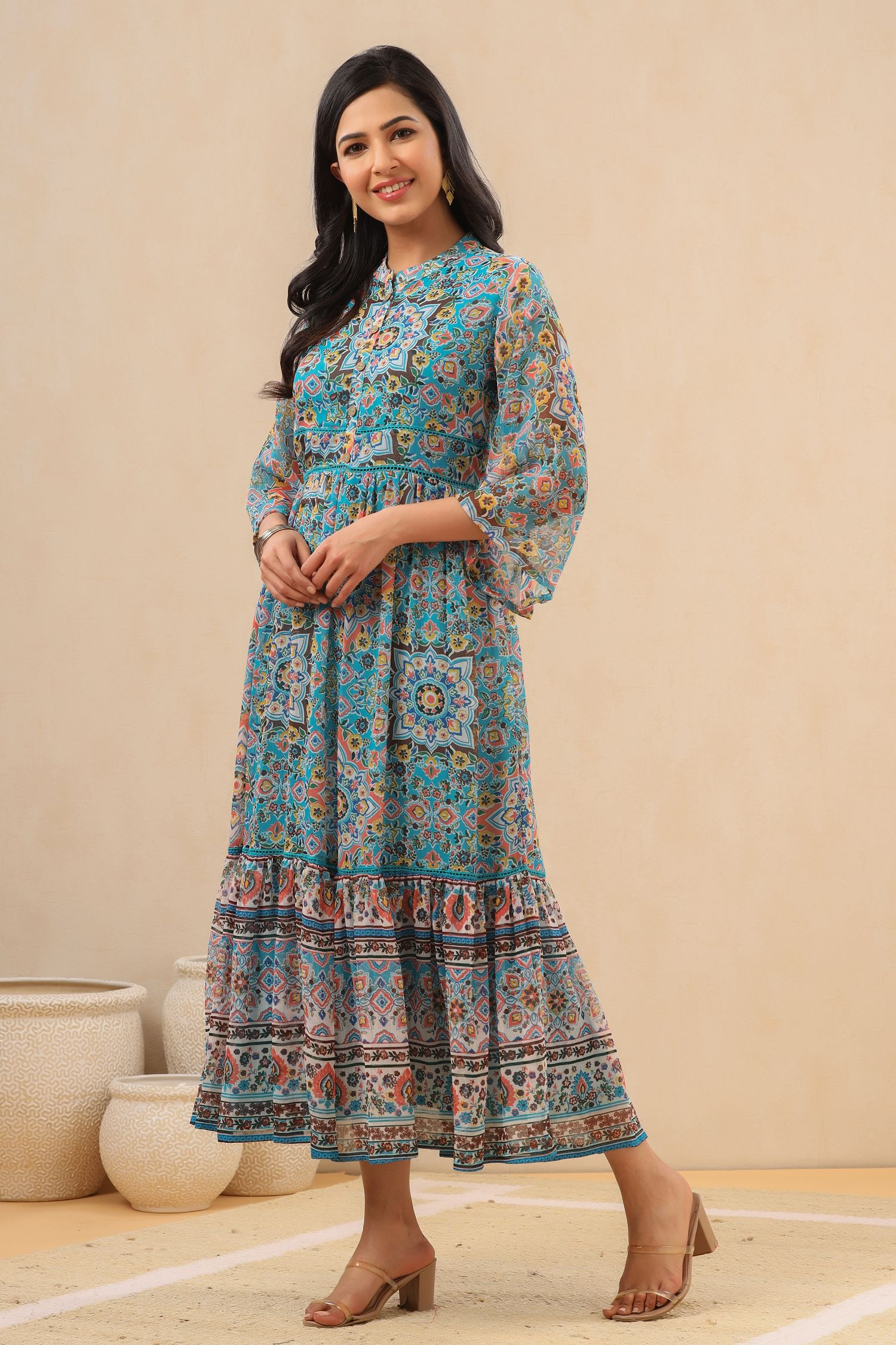 Juniper Womens Aqua Blue Chiffon Digital Printed Tiered Maxi Dress | Swadesiicart