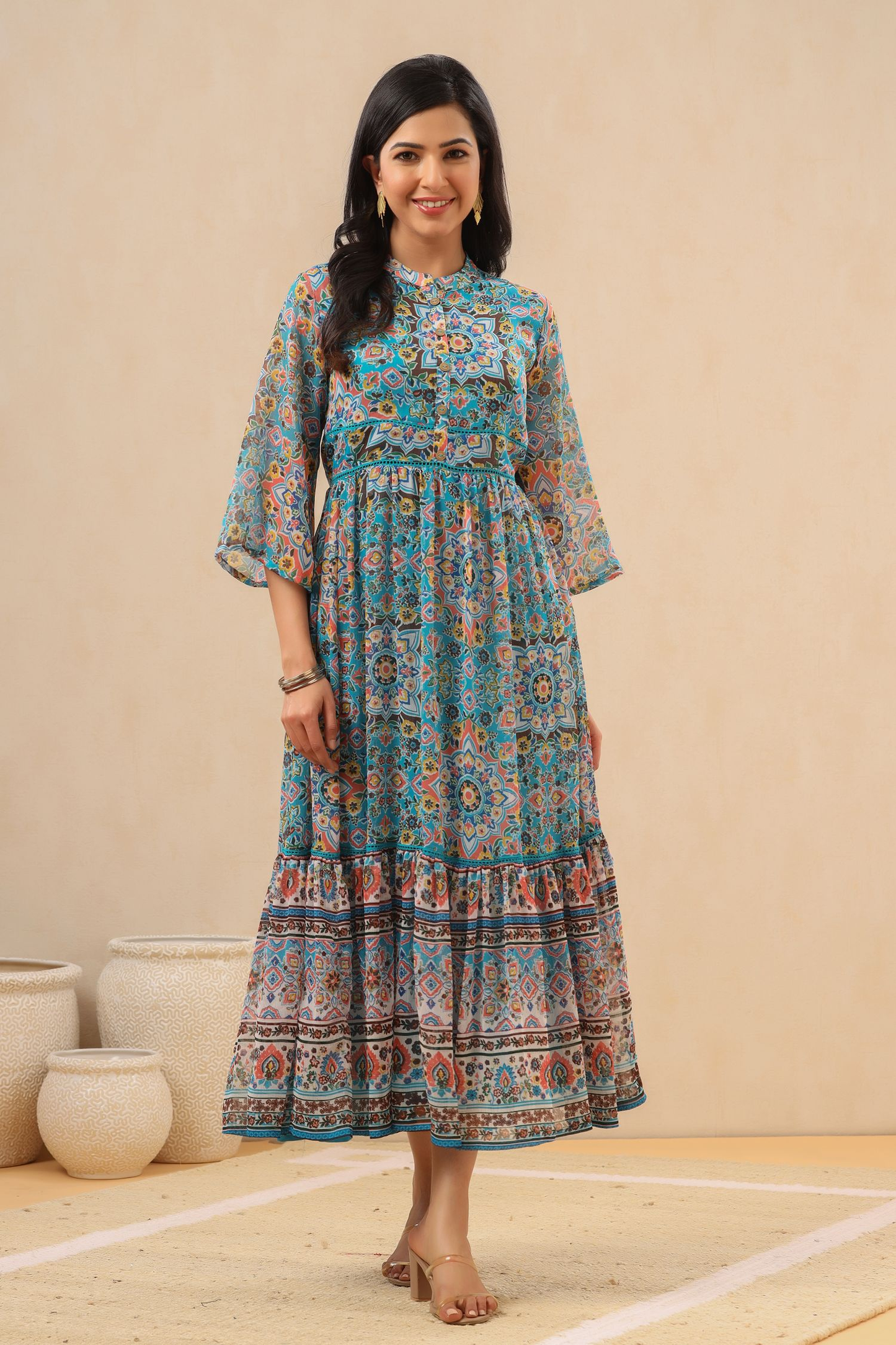 Juniper Womens Aqua Blue Chiffon Digital Printed Tiered Maxi Dress | Swadesiicart