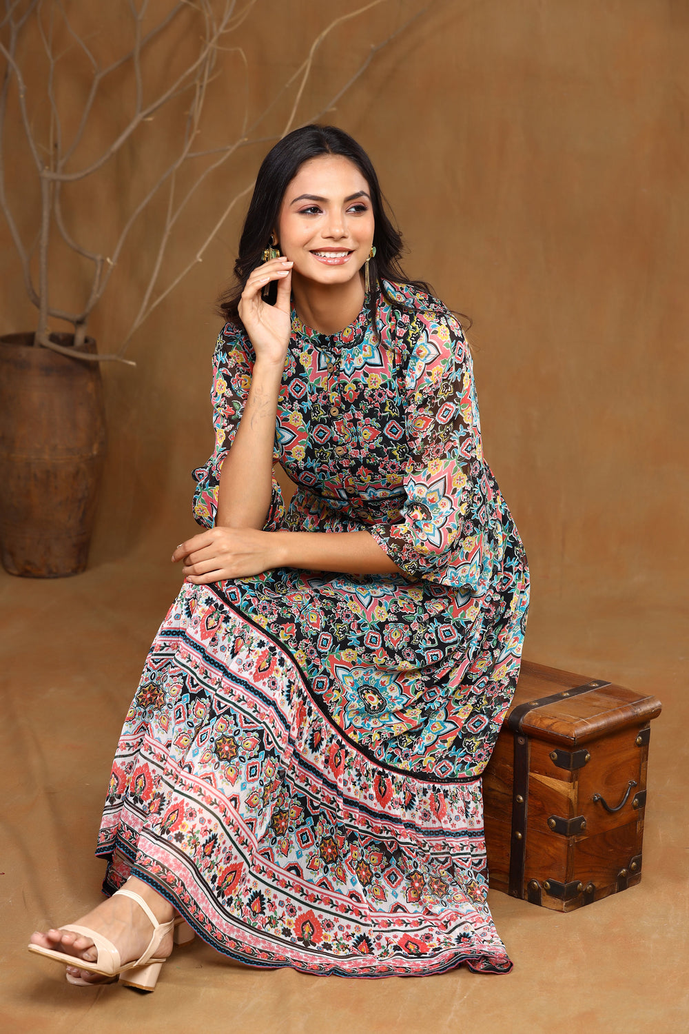 Juniper Women's Black Chiffon Printed Tiered Dress | Swadesiicart