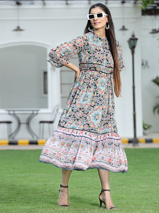 Juniper Womens Black Chiffon Digital Printed Tiered Maxi Dress | Swadesiicart