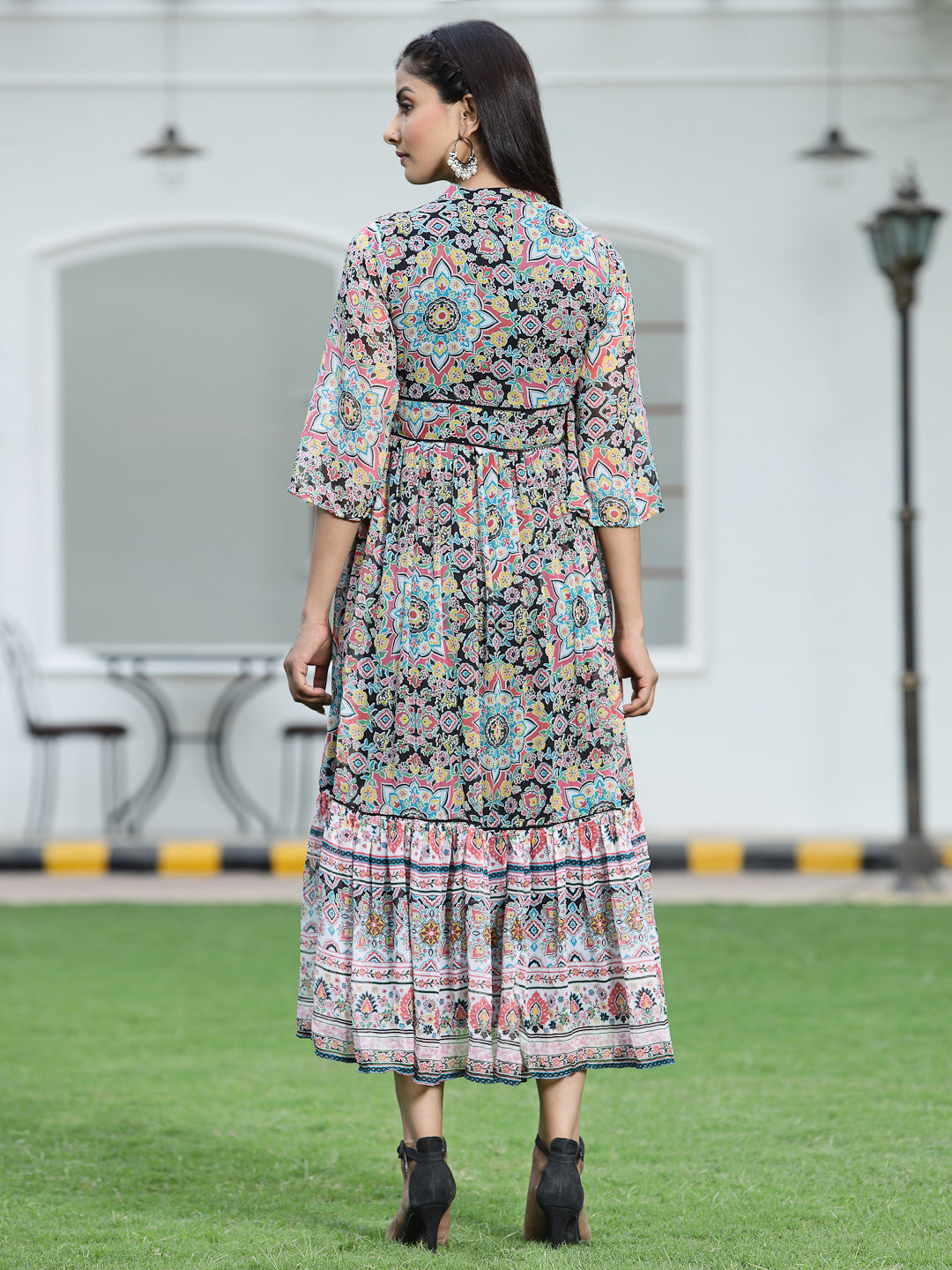 Juniper Womens Black Chiffon Digital Printed Tiered Maxi Dress | Swadesiicart