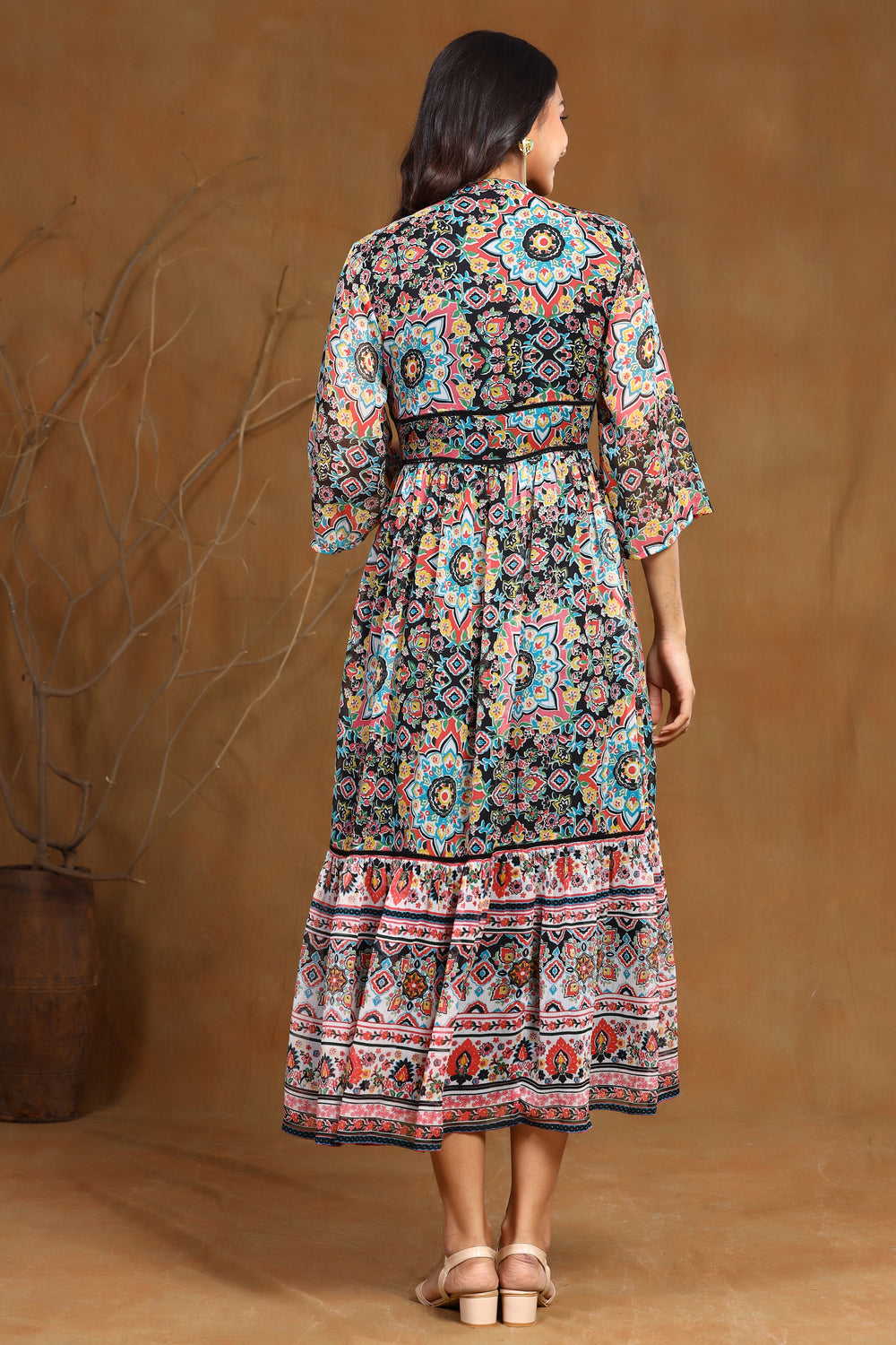 Juniper Women's Black Chiffon Printed Tiered Dress | Swadesiicart