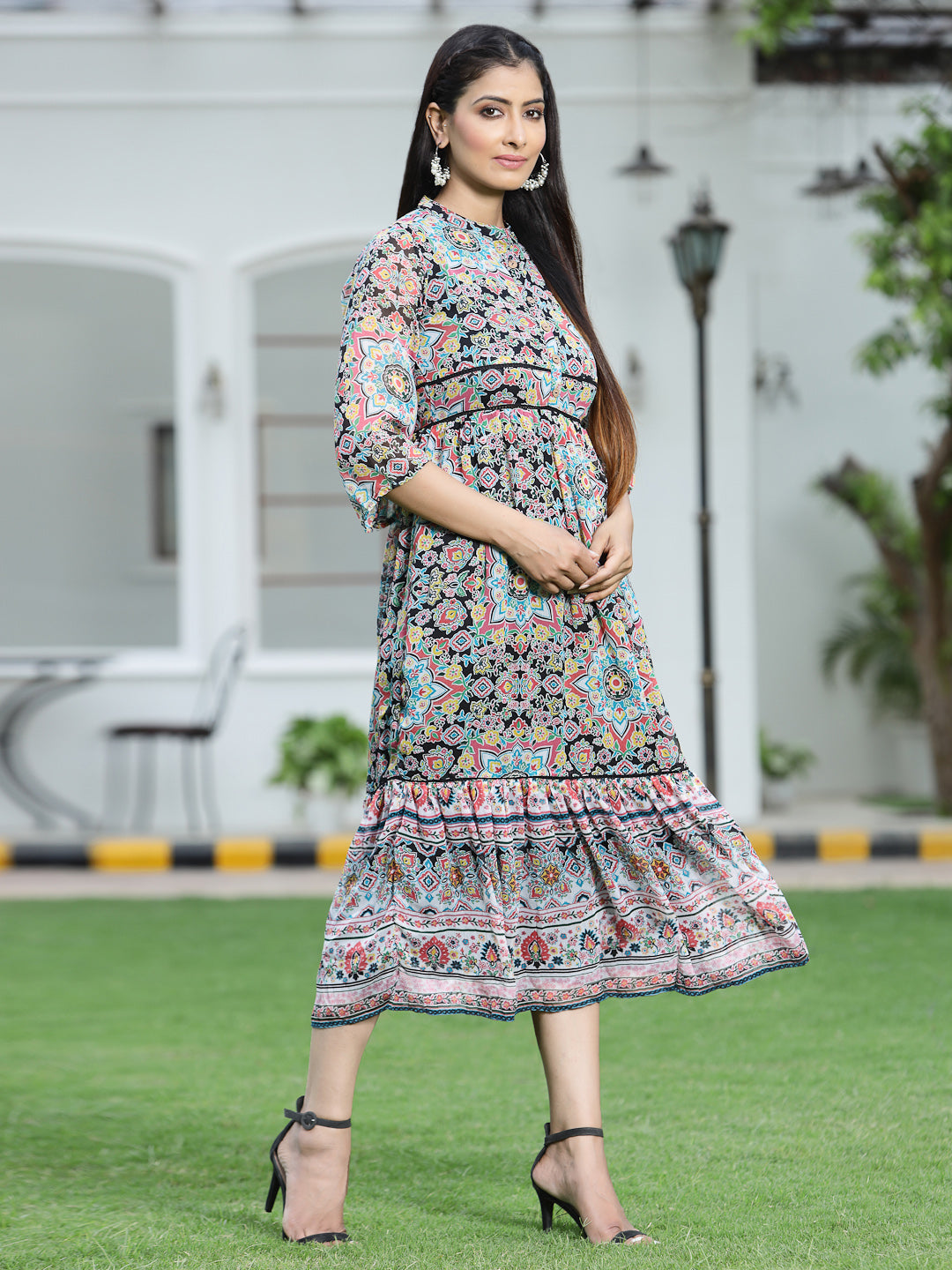Juniper Womens Black Chiffon Digital Printed Tiered Maxi Dress | Swadesiicart
