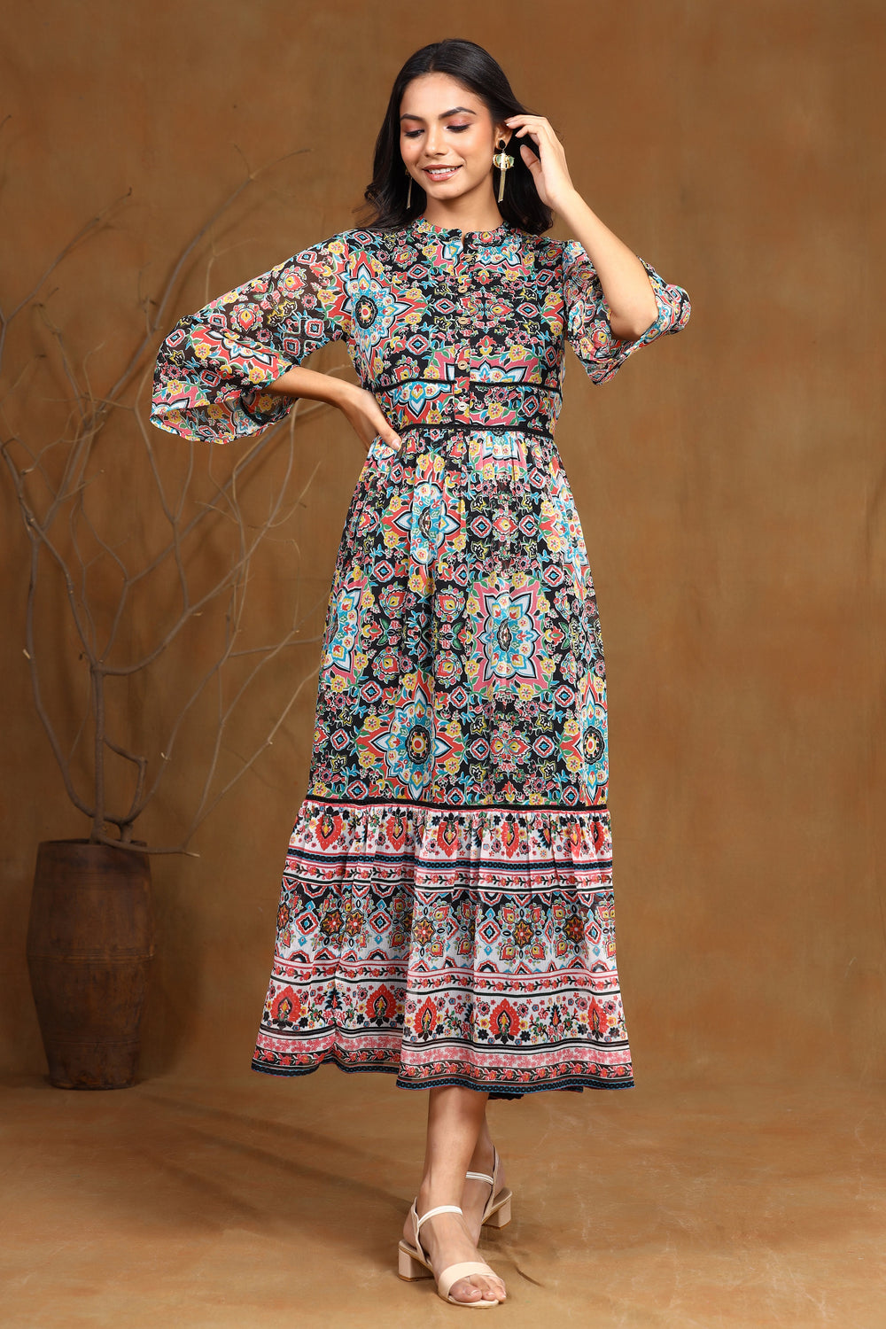 Juniper Women's Black Chiffon Printed Tiered Dress | Swadesiicart