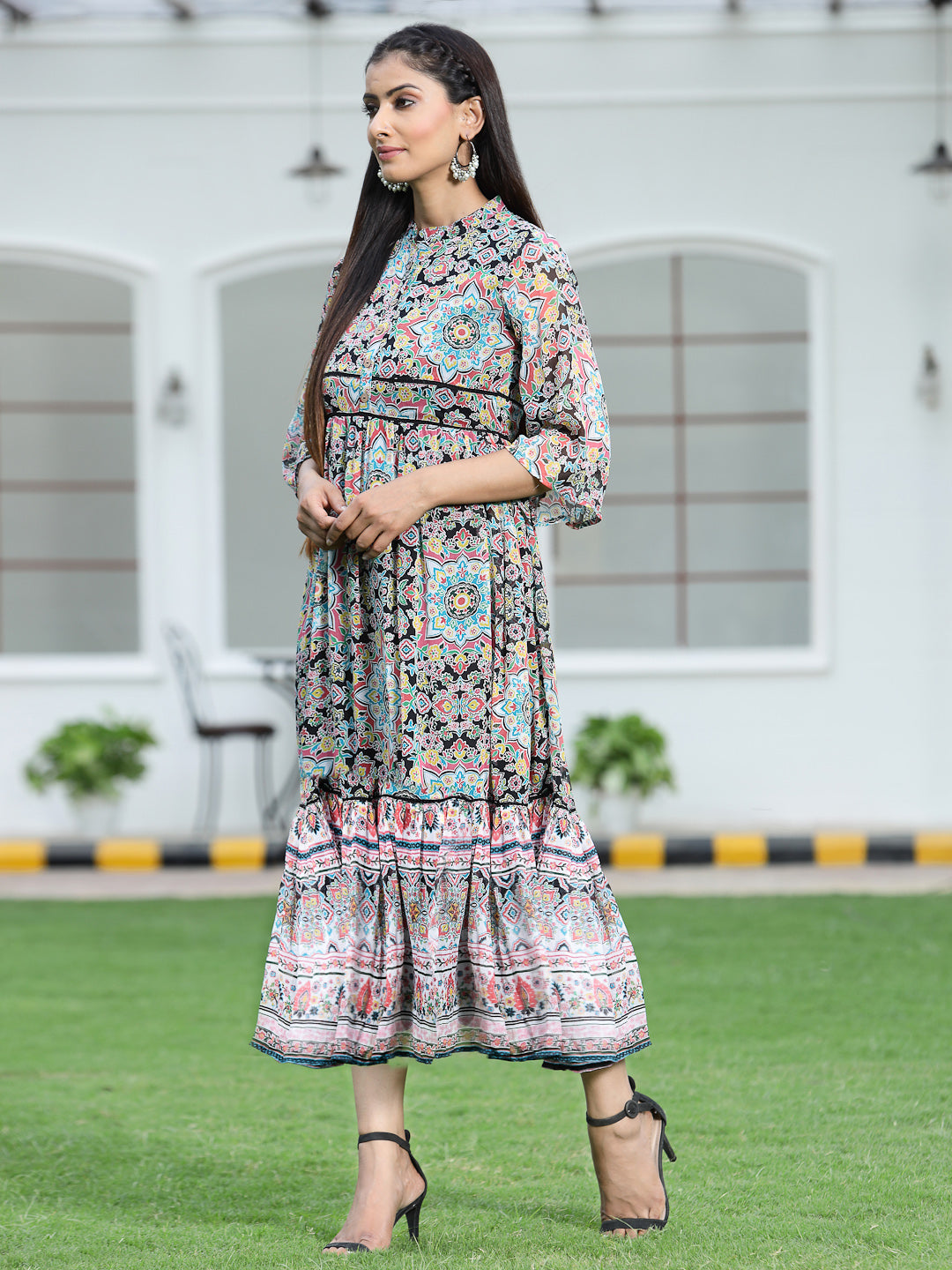 Juniper Womens Black Chiffon Digital Printed Tiered Maxi Dress | Swadesiicart