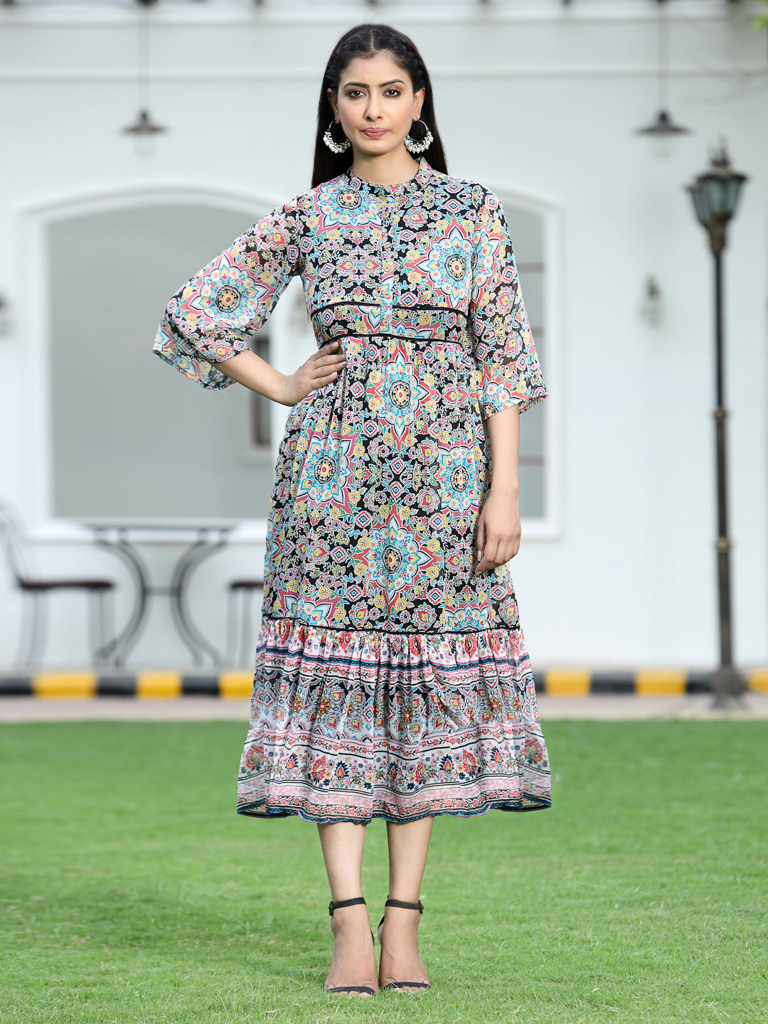 Juniper Womens Black Chiffon Digital Printed Tiered Maxi Dress | Swadesiicart