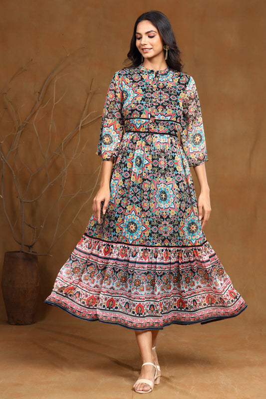 Juniper Women's Black Chiffon Printed Tiered Dress | Swadesiicart