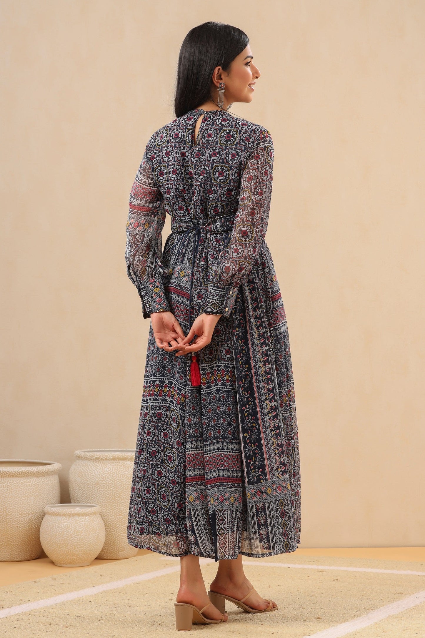 Juniper Womens Black Multi Color Geometric Digital Printed Maxi Dress With Bead Handwork | Swadesiicart