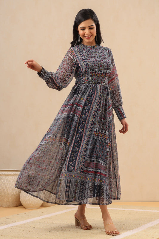Juniper Womens Black Multi Color Geometric Digital Printed Maxi Dress With Bead Handwork | Swadesiicart