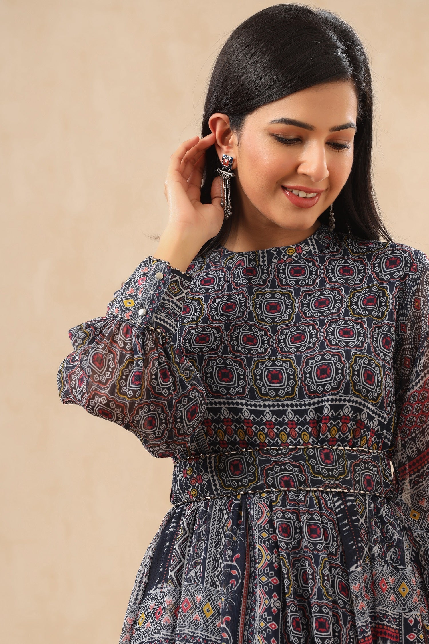 Juniper Womens Black Multi Color Geometric Digital Printed Maxi Dress With Bead Handwork | Swadesiicart