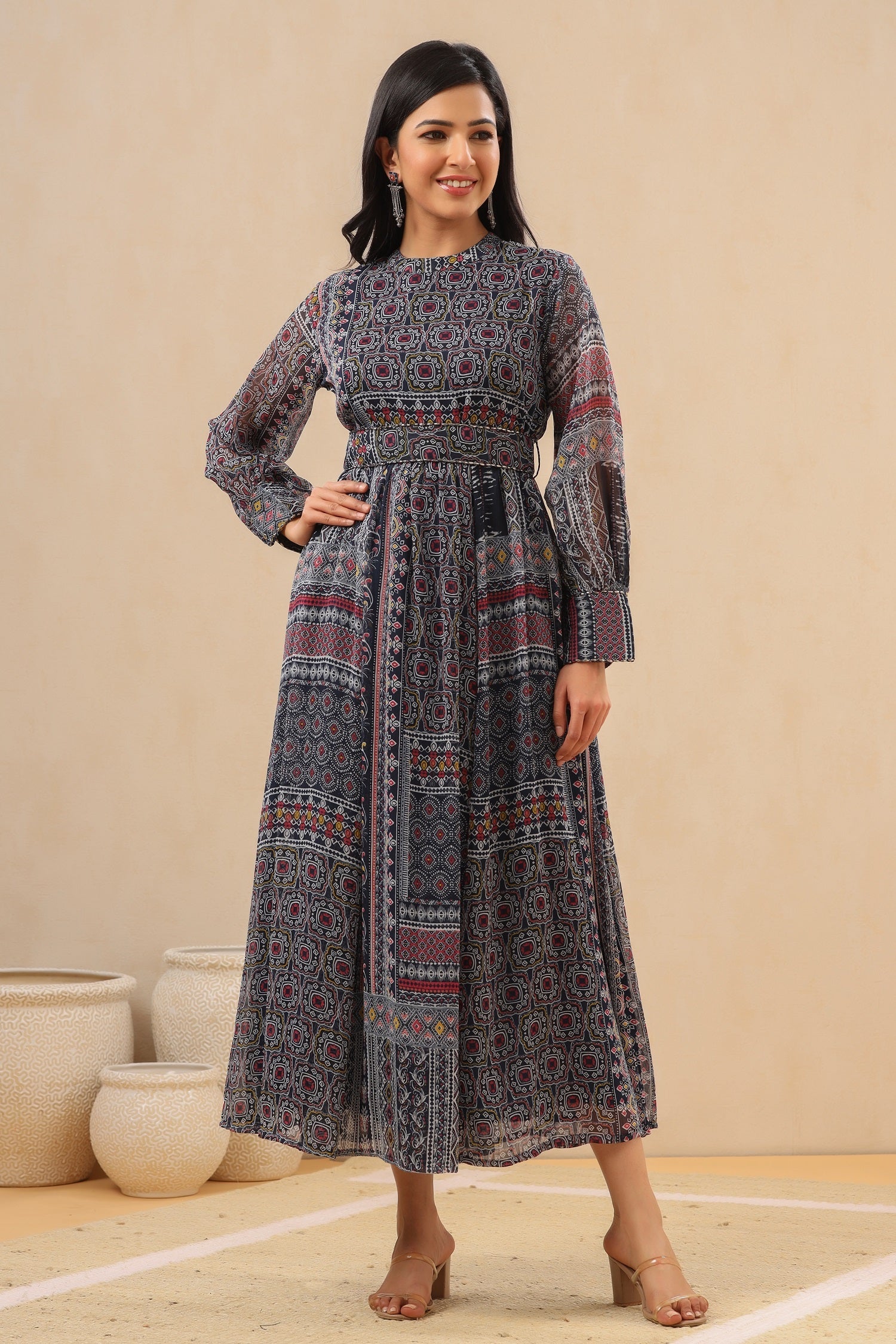 Juniper Womens Black Multi Color Geometric Digital Printed Maxi Dress With Bead Handwork | Swadesiicart