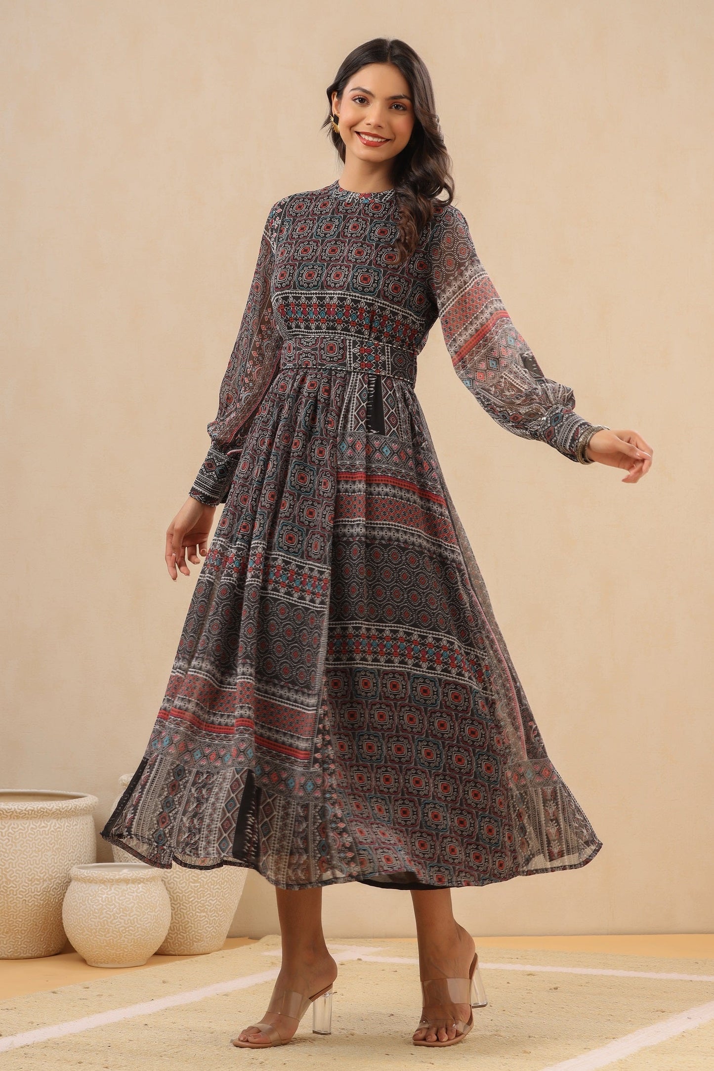 Juniper Womens Navy Blue Multicolor Geometric Digital Printed Maxi Dress With Bead Handwork | Swadesiicart