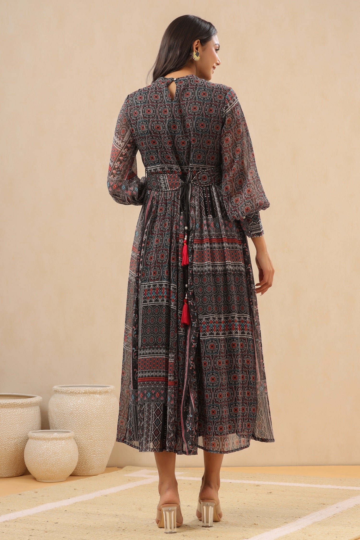 Juniper Womens Navy Blue Multicolor Geometric Digital Printed Maxi Dress With Bead Handwork | Swadesiicart