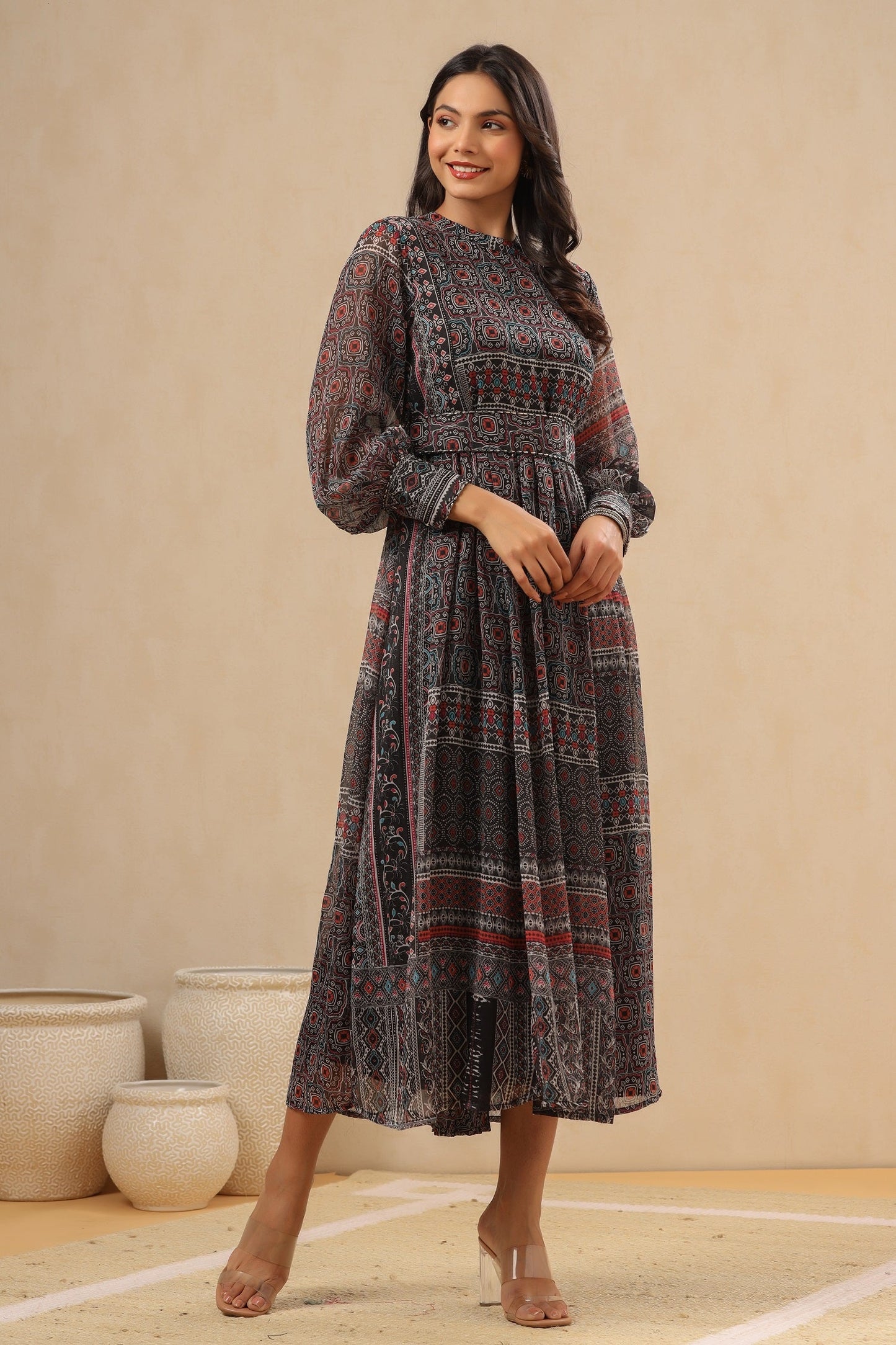 Juniper Womens Navy Blue Multicolor Geometric Digital Printed Maxi Dress With Bead Handwork | Swadesiicart
