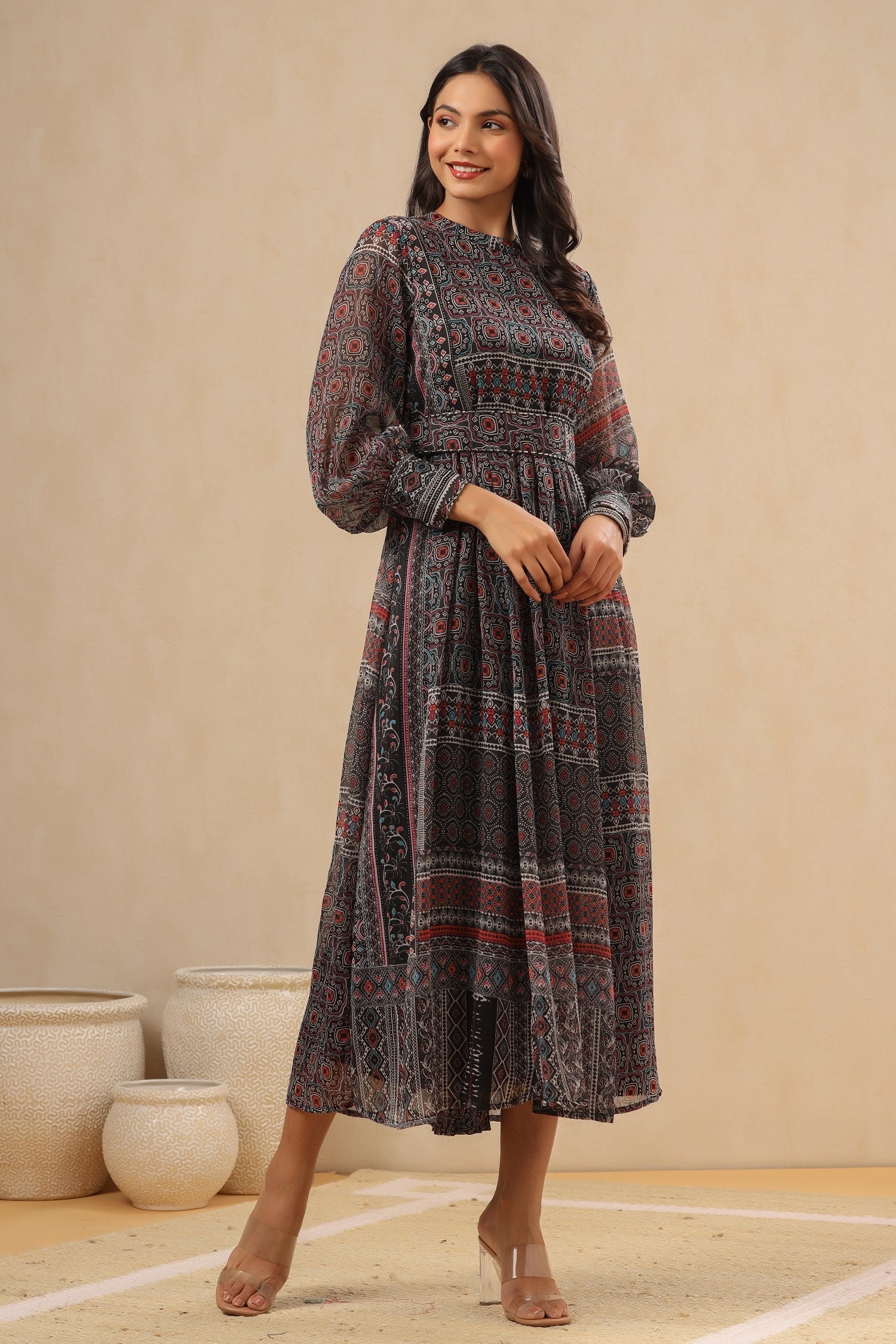 Juniper Womens Navy Blue Multicolor Geometric Digital Printed Maxi Dress With Bead Handwork | Swadesiicart