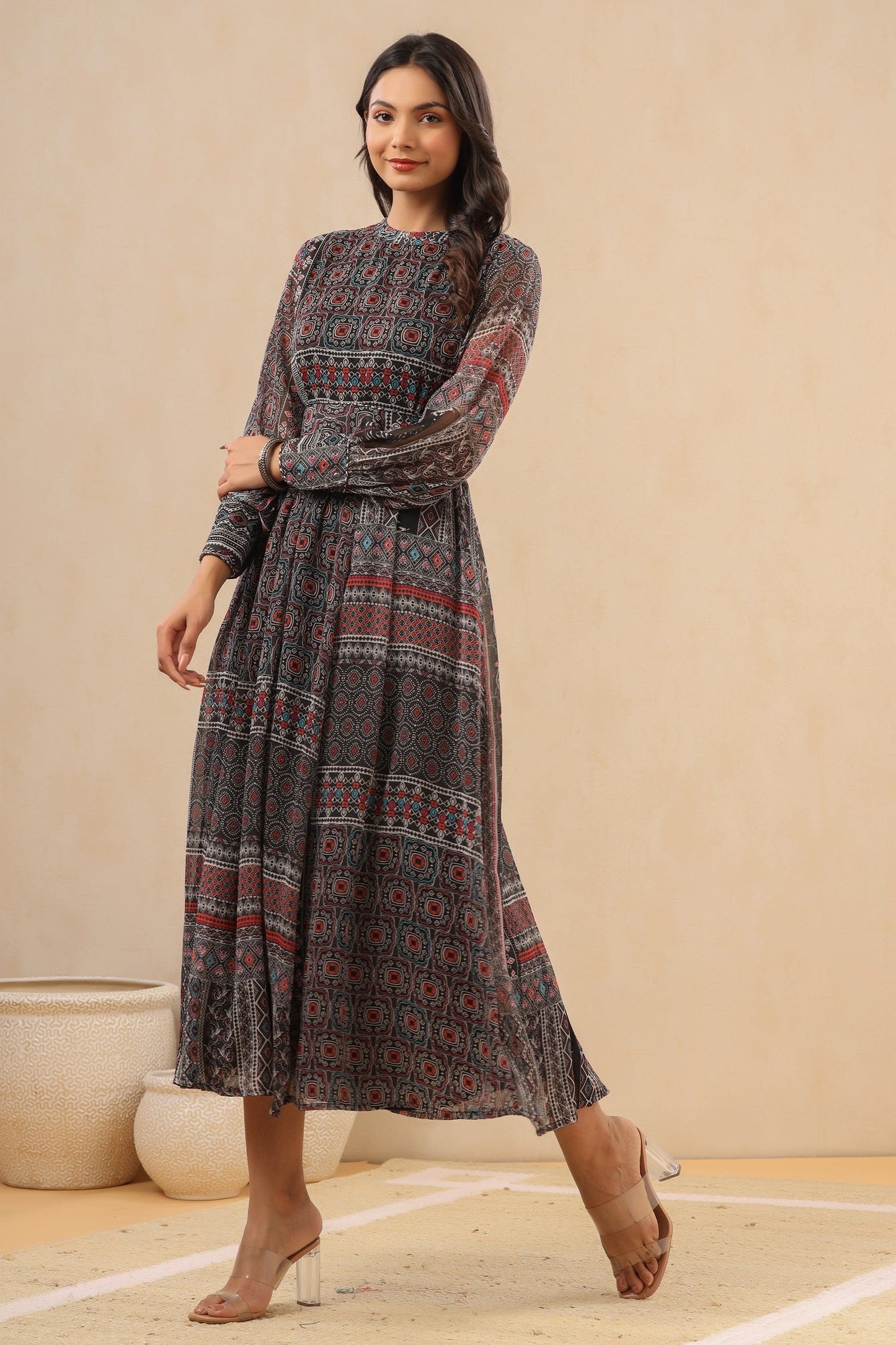 Juniper Womens Navy Blue Multicolor Geometric Digital Printed Maxi Dress With Bead Handwork | Swadesiicart