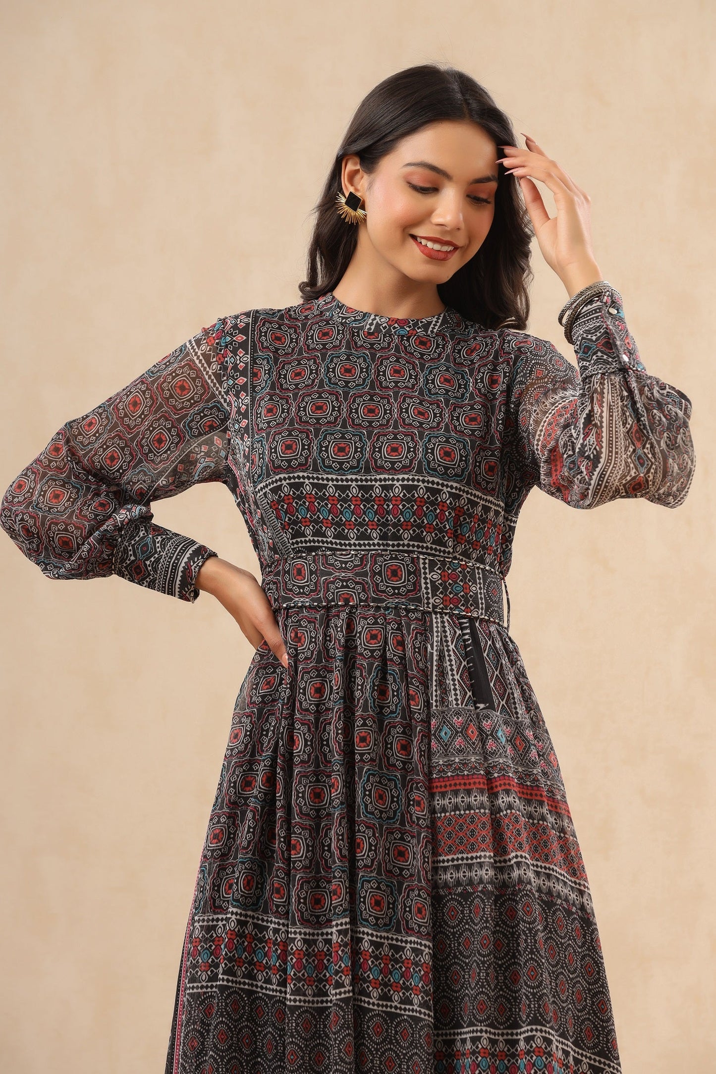Juniper Womens Navy Blue Multicolor Geometric Digital Printed Maxi Dress With Bead Handwork | Swadesiicart