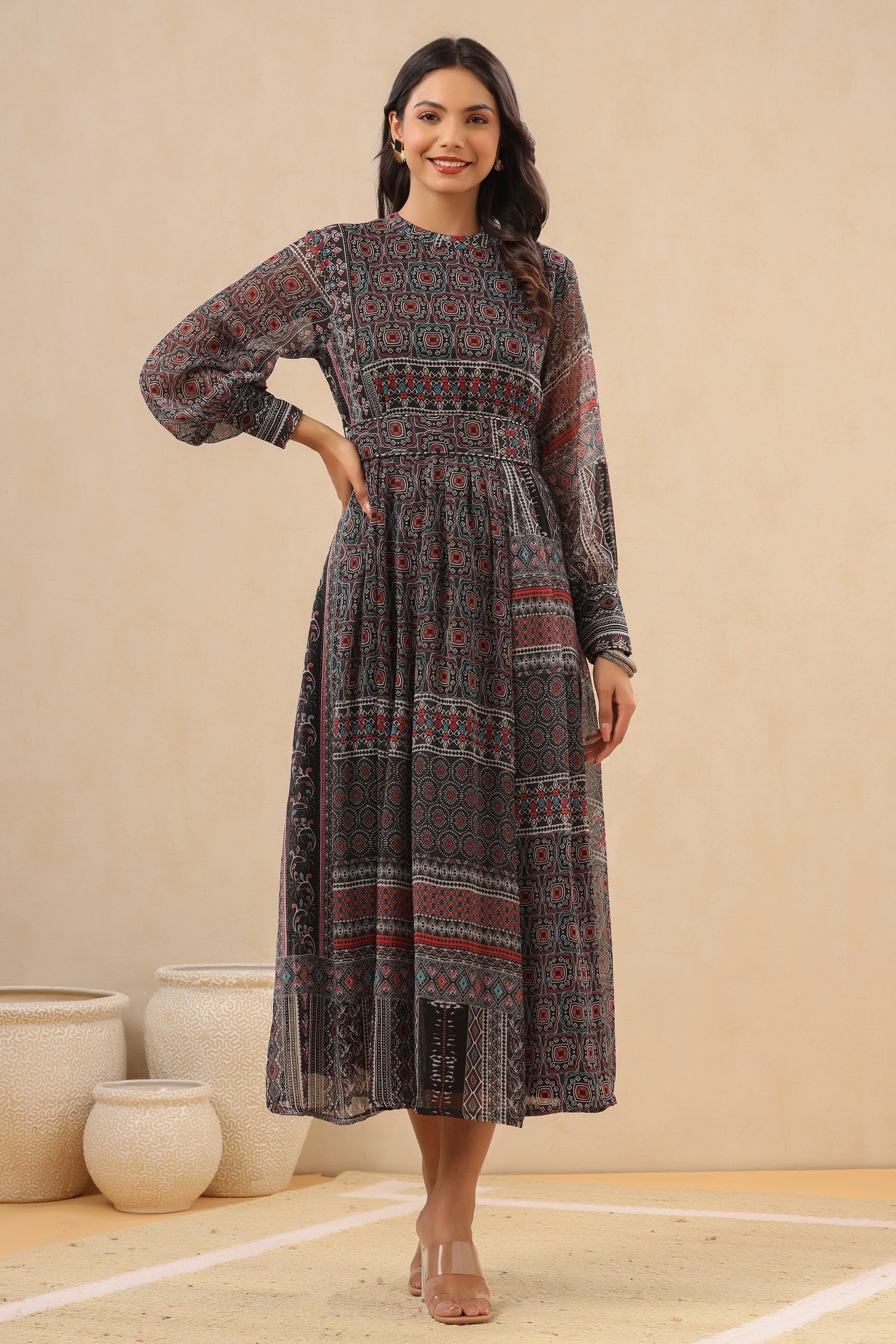Juniper Womens Navy Blue Multicolor Geometric Digital Printed Maxi Dress With Bead Handwork | Swadesiicart