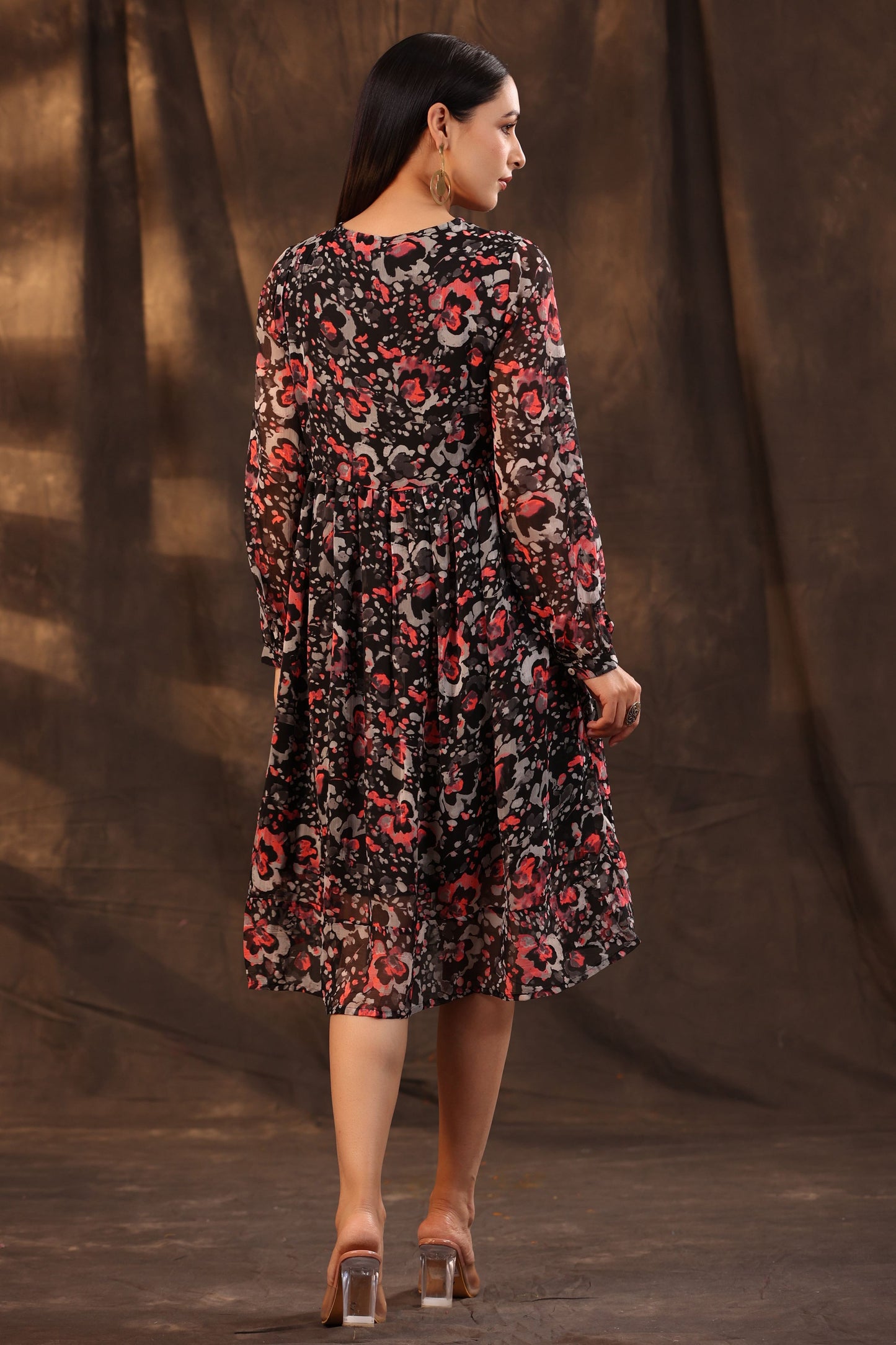 Juniper Women Black Chiffon Printed Flared Dress | Swadesiicart