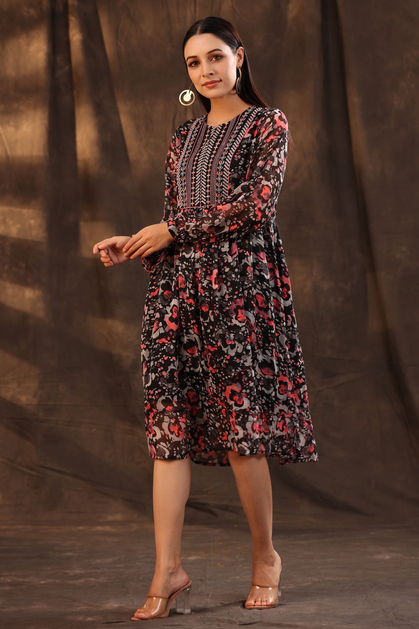 Juniper Women Black Chiffon Printed Flared Dress | Swadesiicart