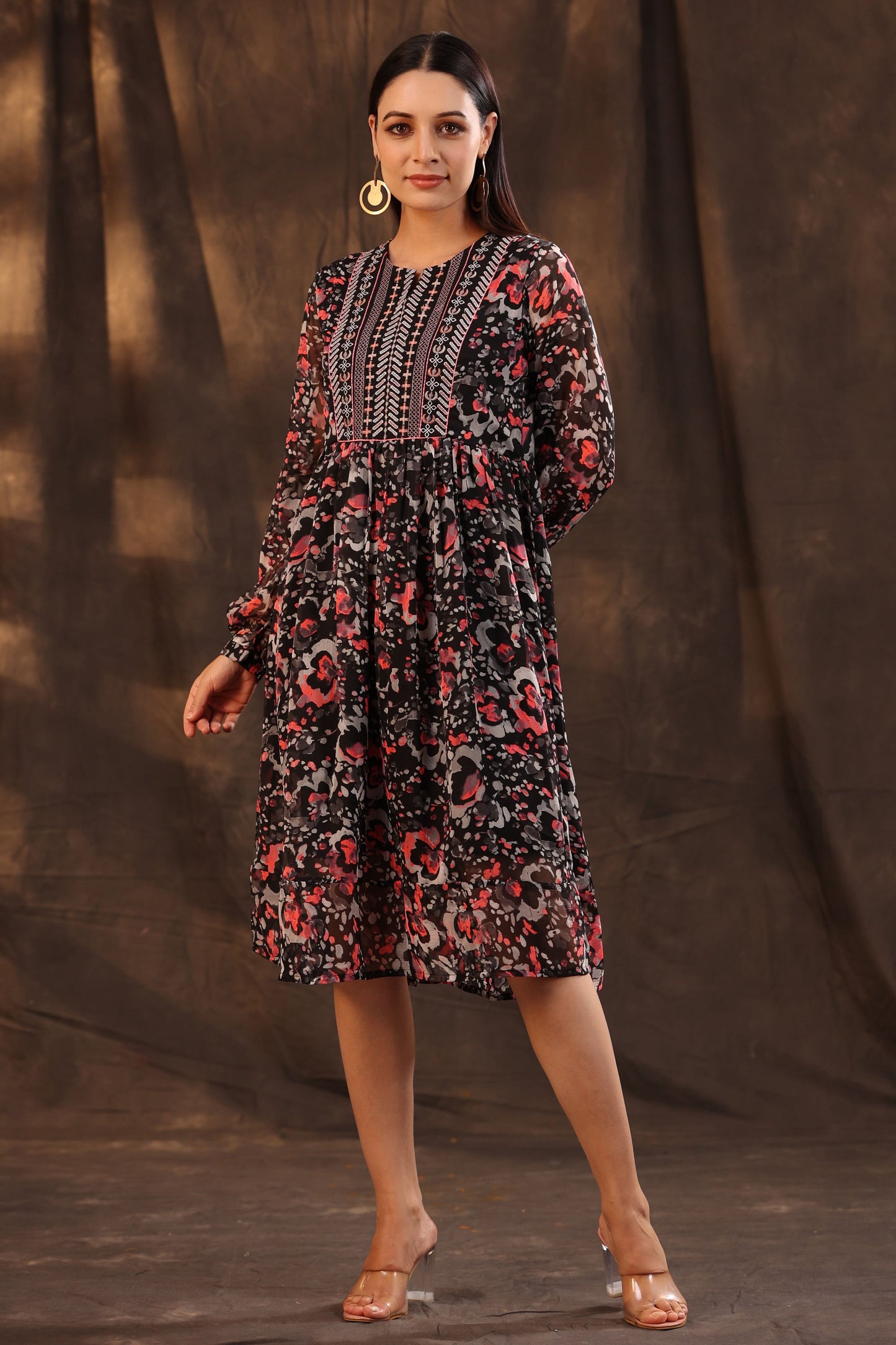 Juniper Women Black Chiffon Printed Flared Dress | Swadesiicart