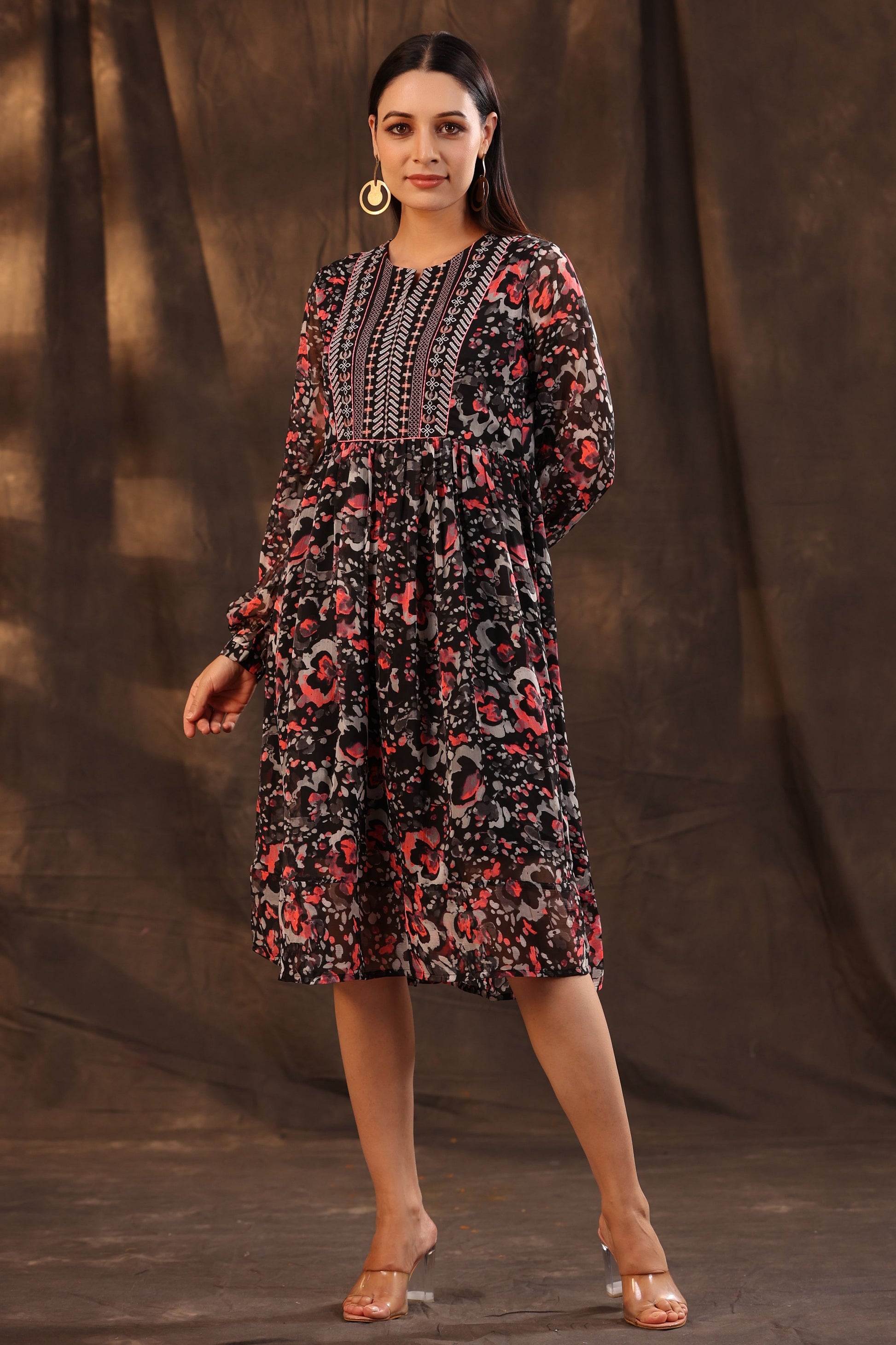 Juniper Women Black Chiffon Printed Flared Dress | Swadesiicart